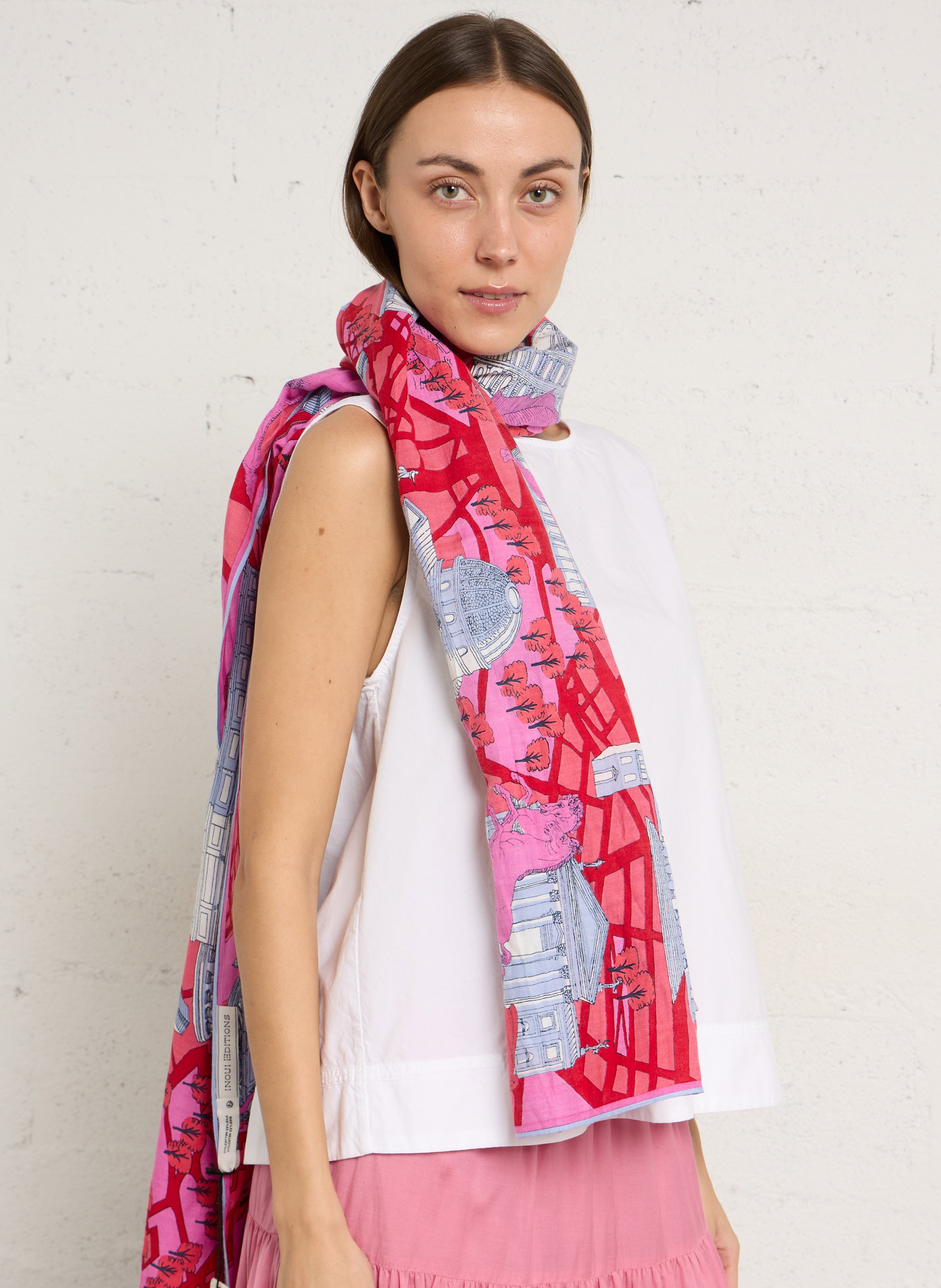Printed cotton and silk floaty scarf INOUI EDITIONS Red
