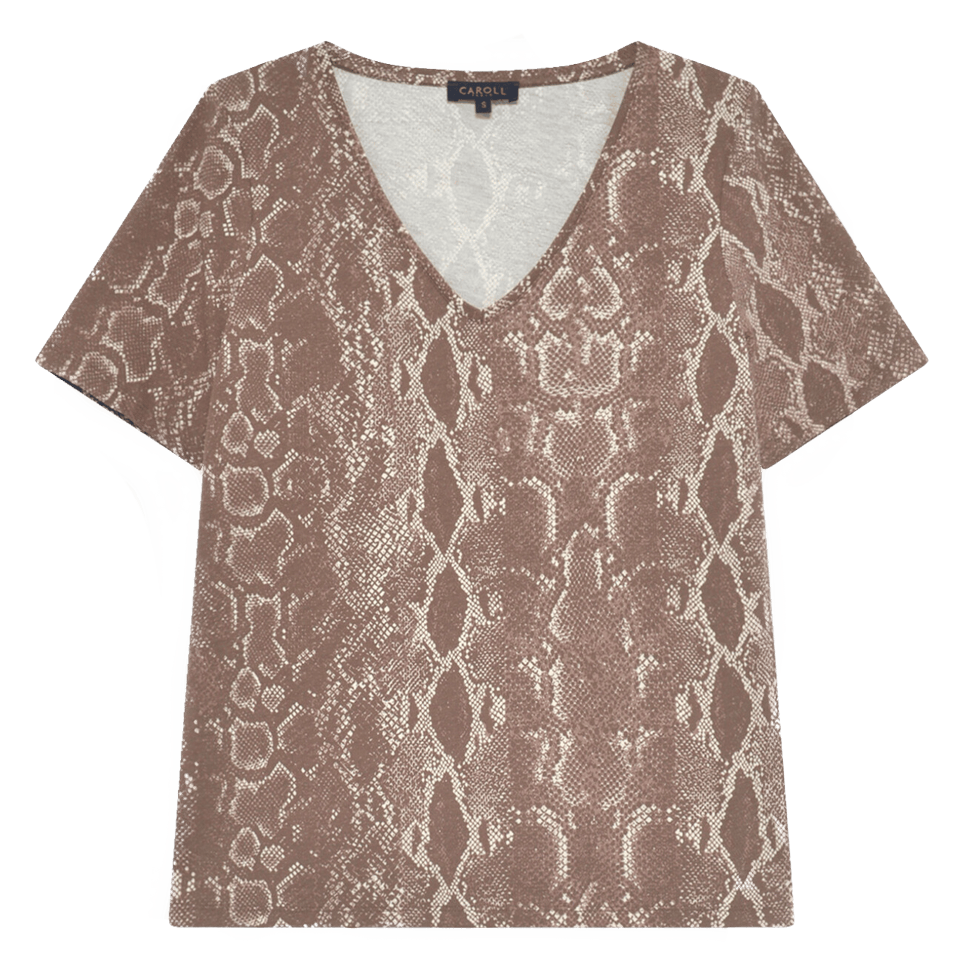 Tee-shirt col V droit imprimé CAROLL Marron