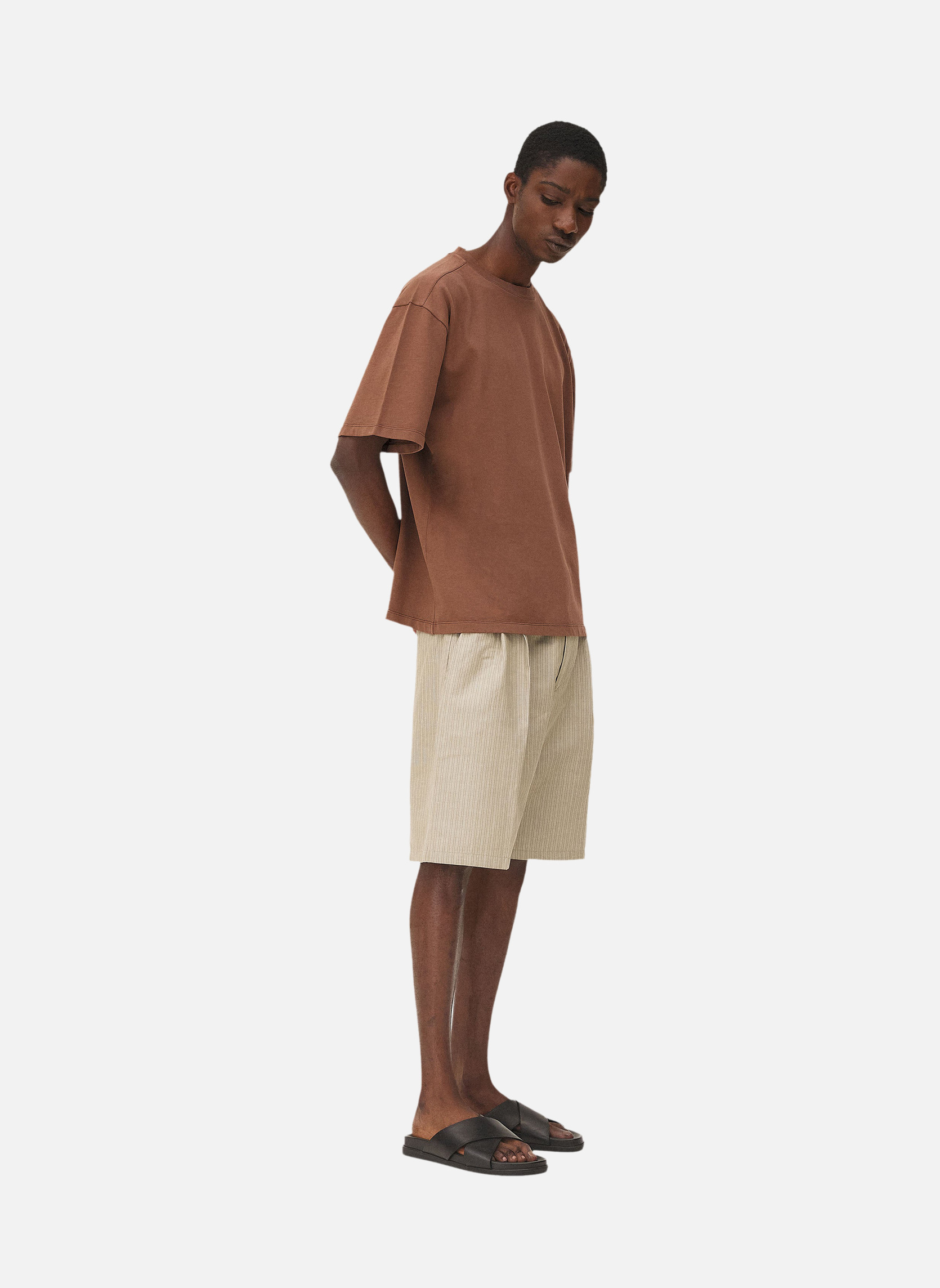 Pleated shorts in Como Beige Stripes Noyoco Beige