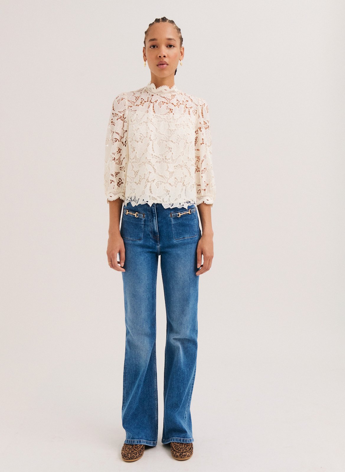 High-neck lace top PABLO Beige