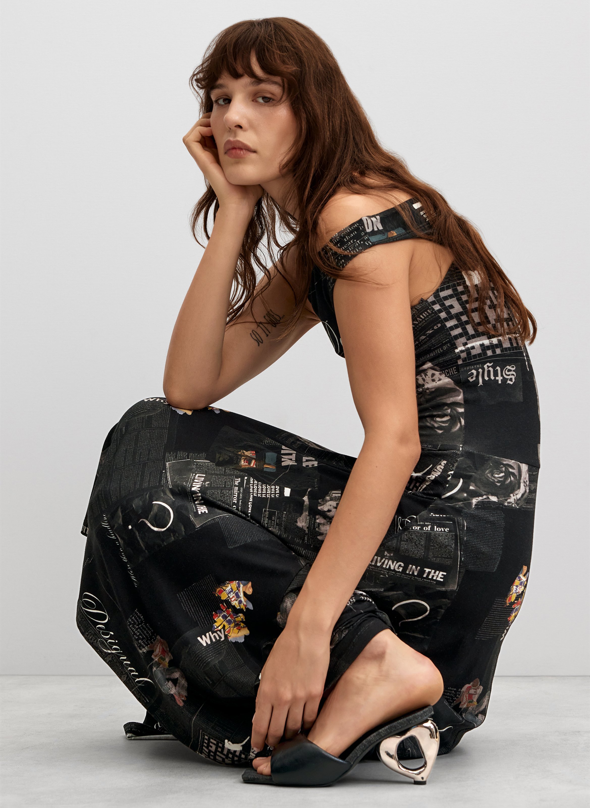 Robe midi asymétrique imprimée DESIGUAL Noir