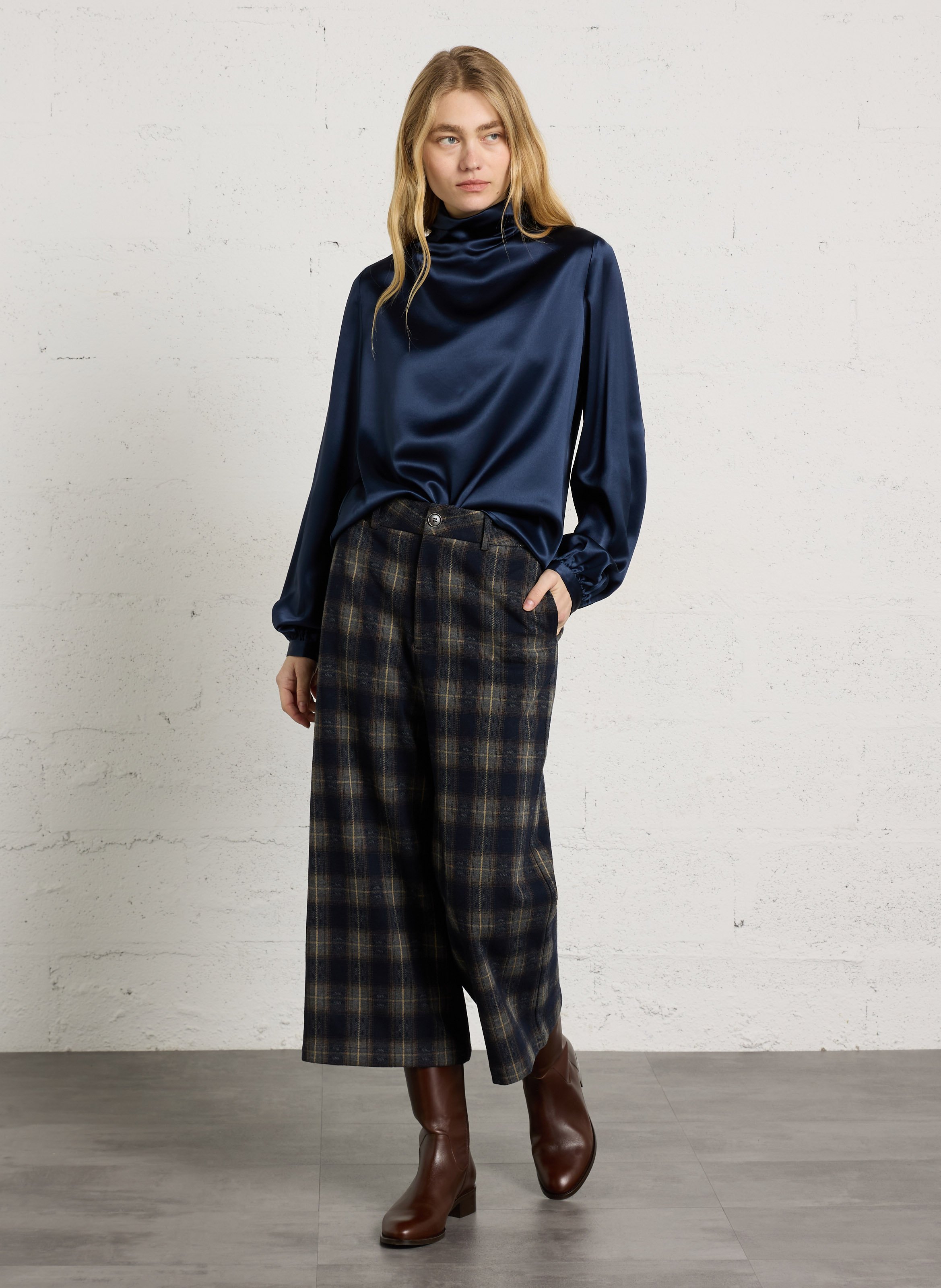 Wide check cropped pants SEE U SOON Blue