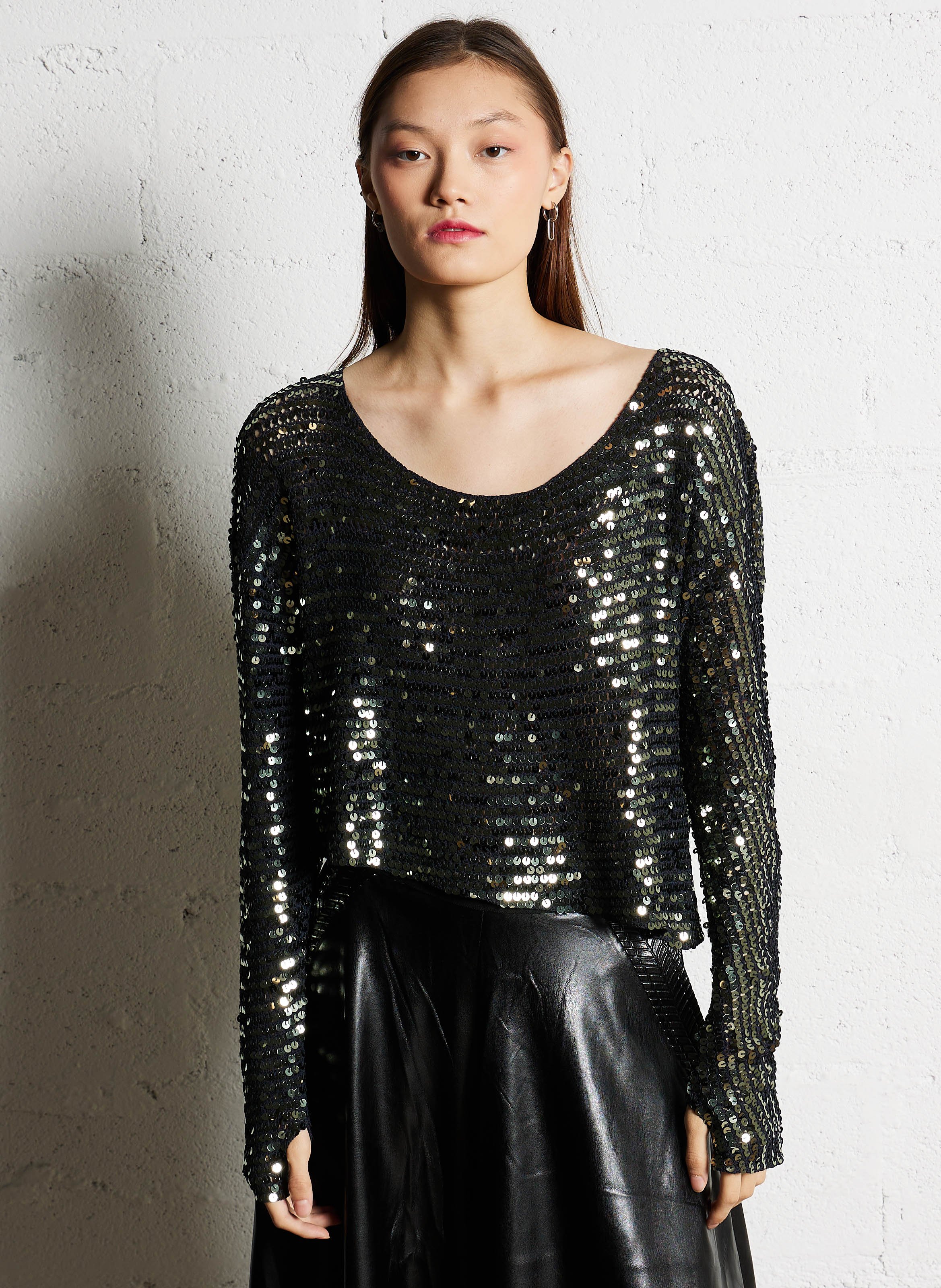 Sequin boat neck top MES DEMOISELLES Grey
