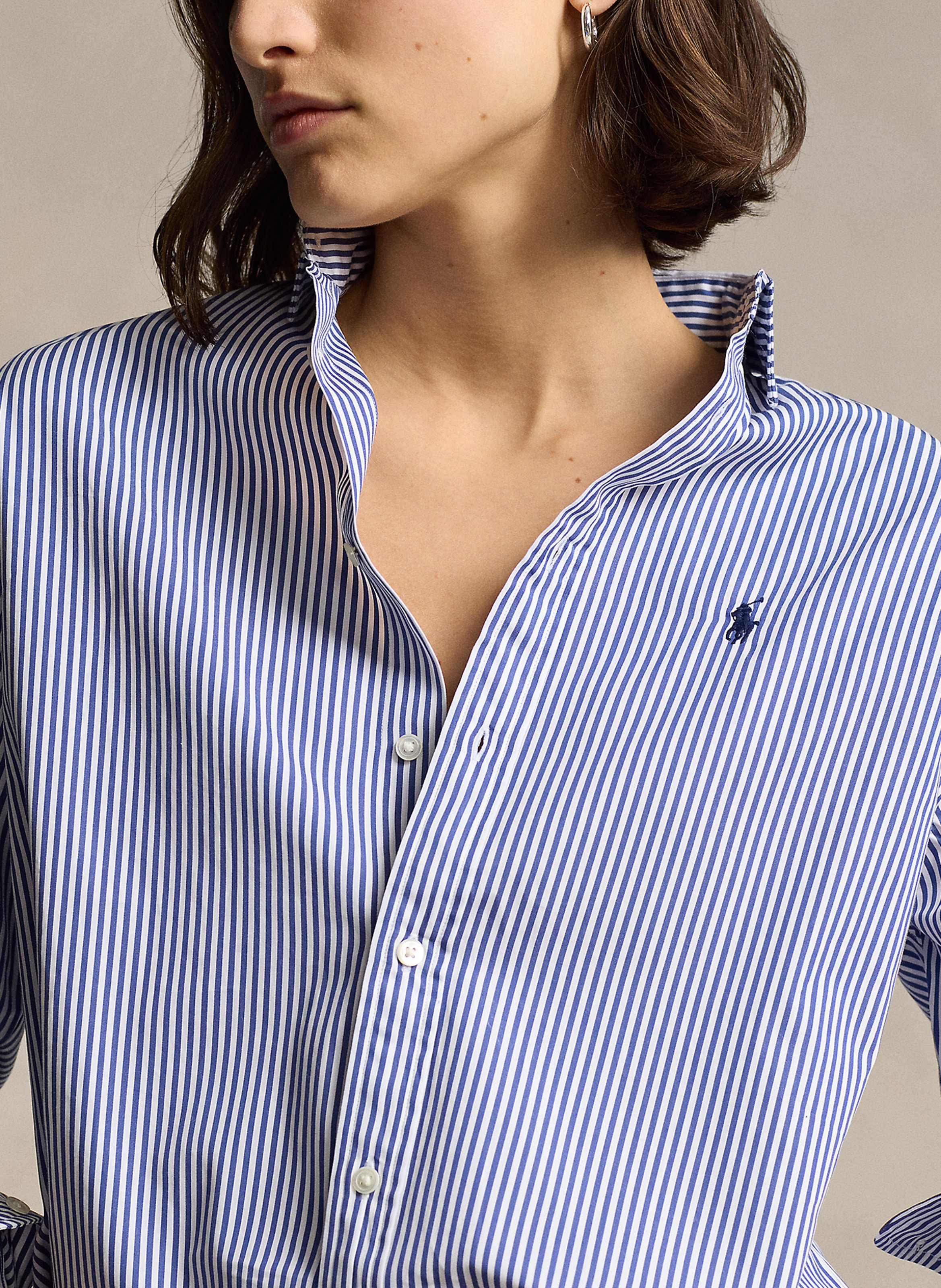 Chemise droite col polo en coton rayé Bleu