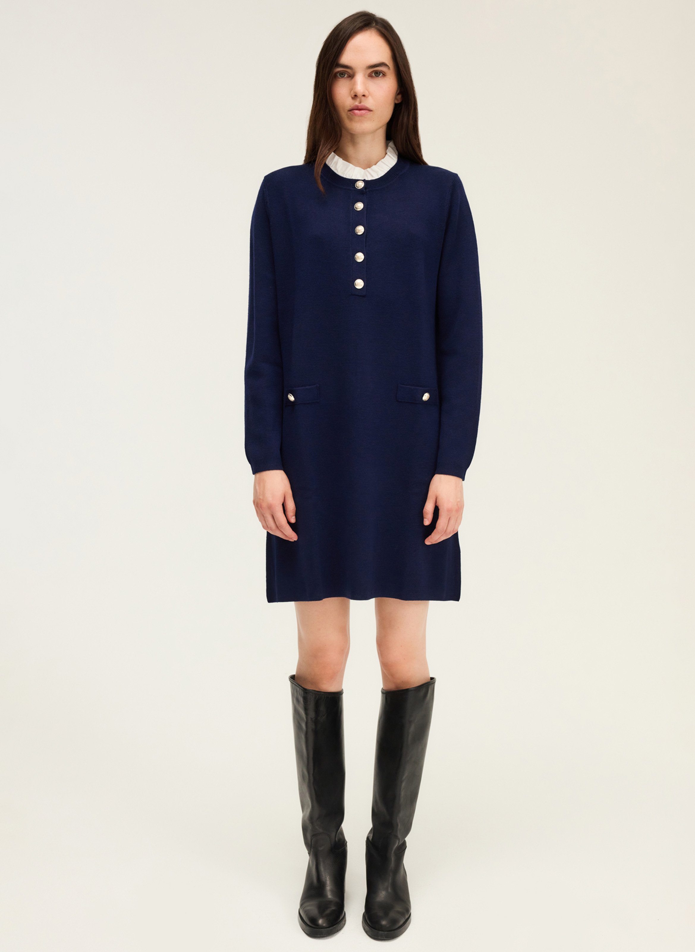 Robe courte col rond en laine mélangée PABLO Bleu