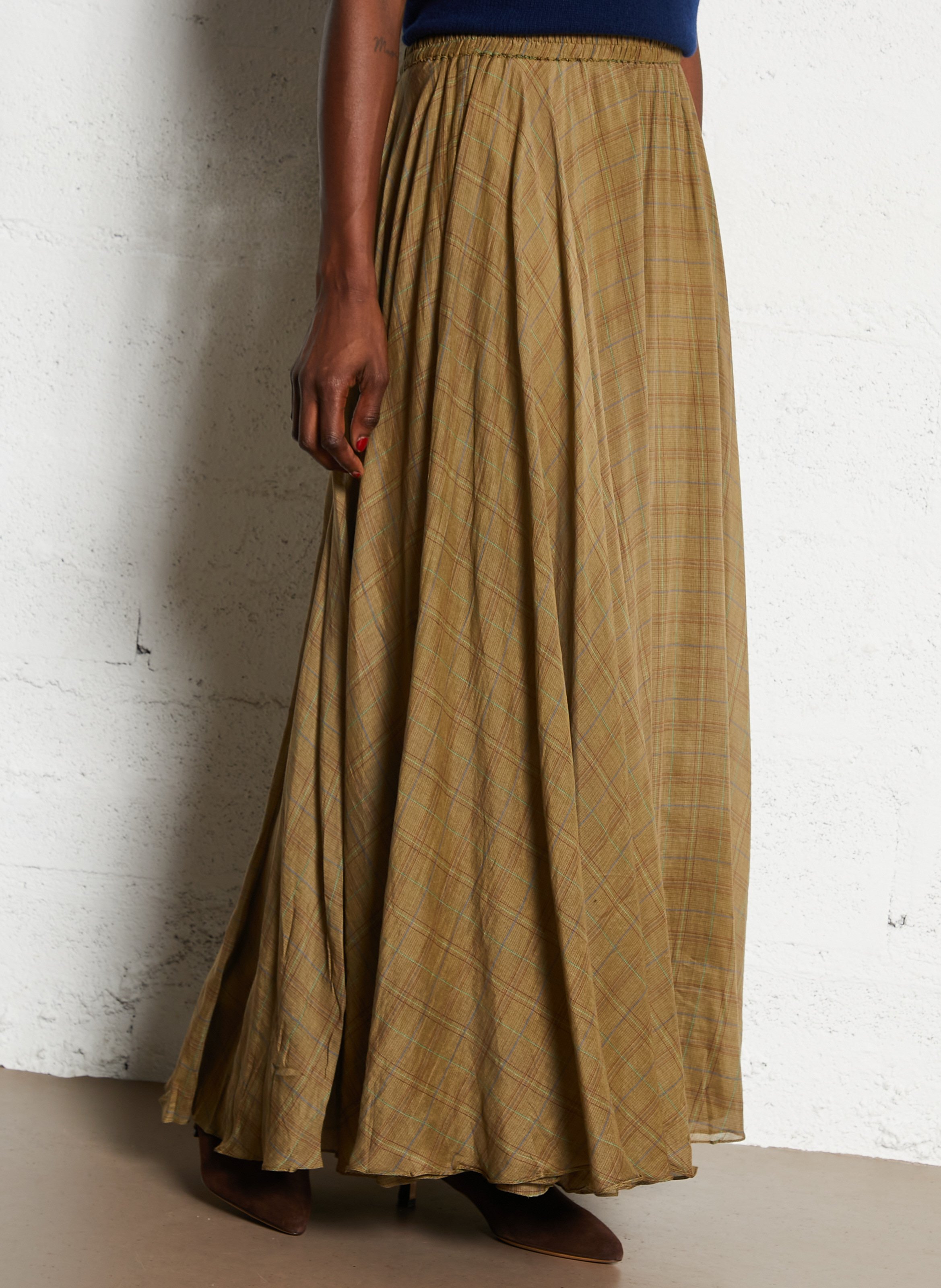 Jupe longue évasée en coton et soie MES DEMOISELLES Kaki