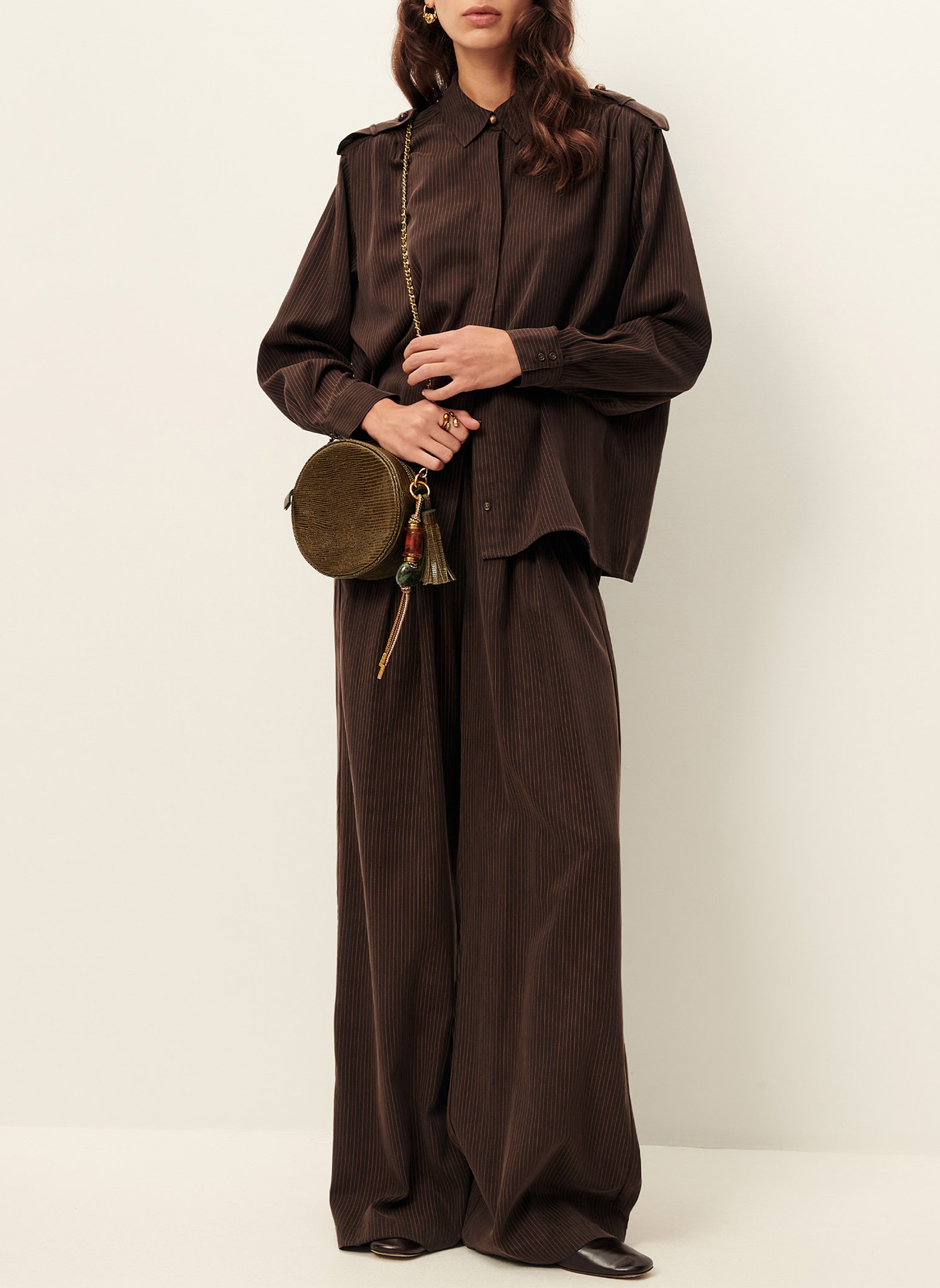 Pantalon large ceinturé rayé SESSUN Marron