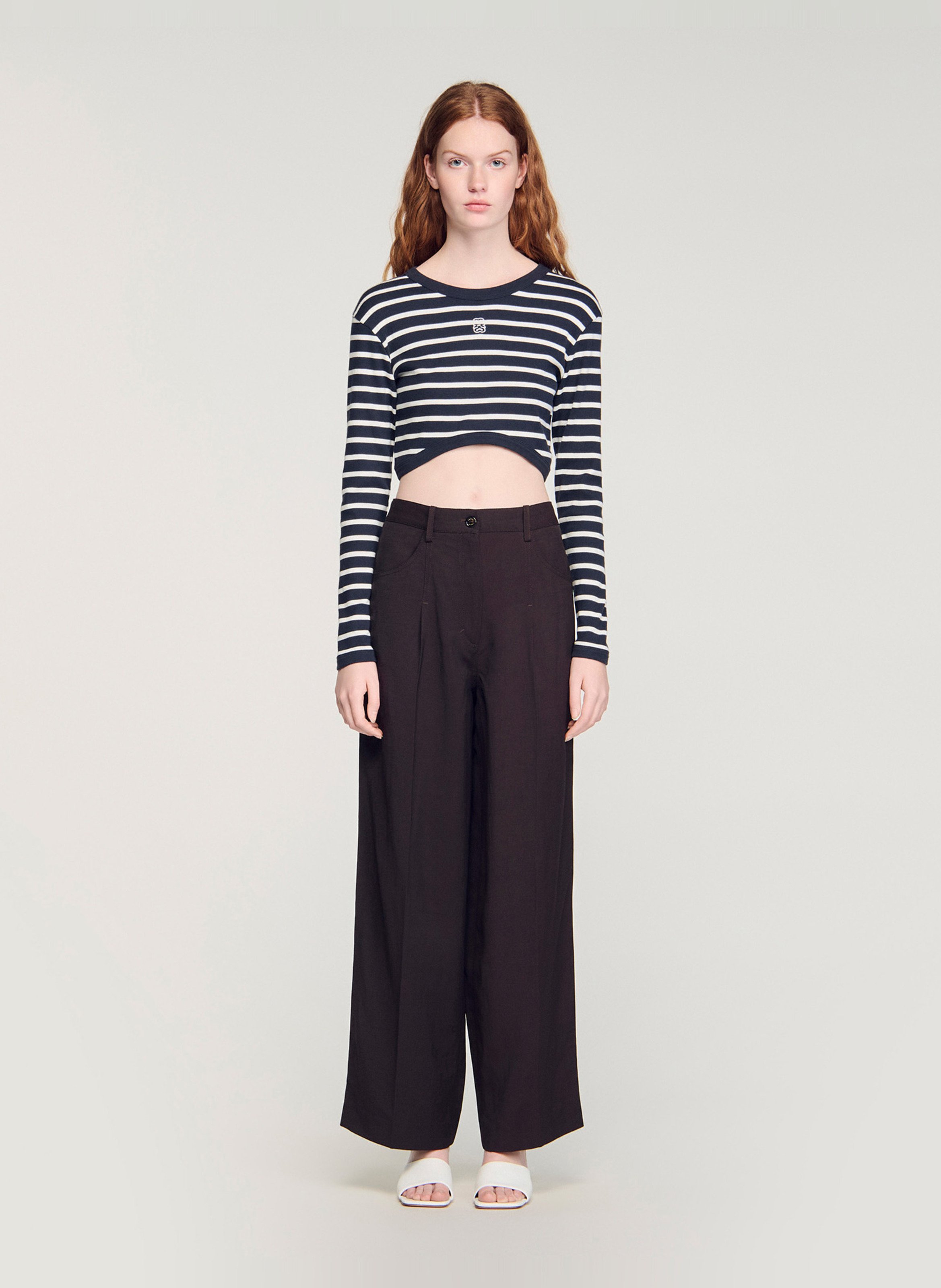 Round-neck straight striped cotton T-shirt SANDRO Blue