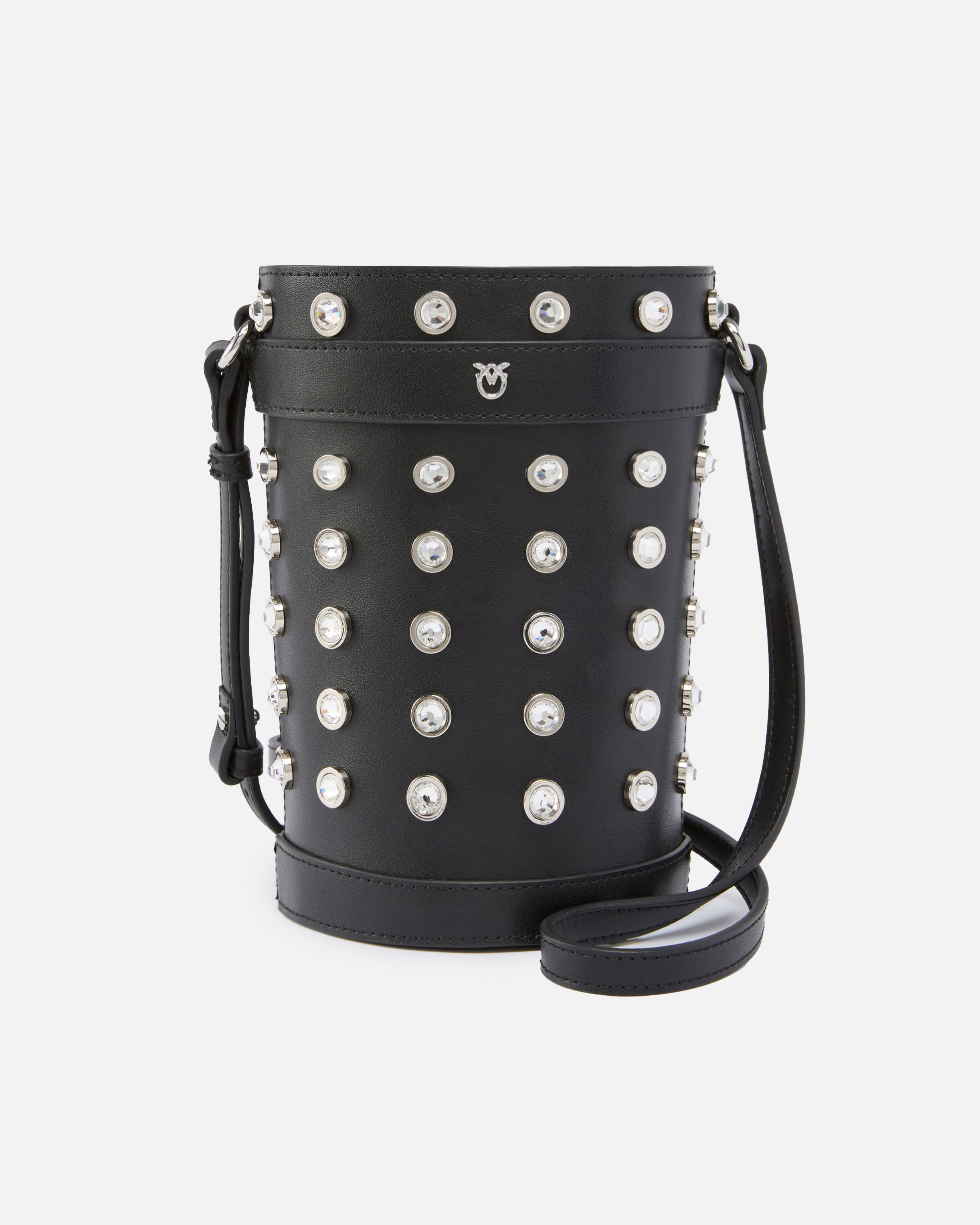 Small leather bucket bag with rhinestones shoulder strap PINKO Black