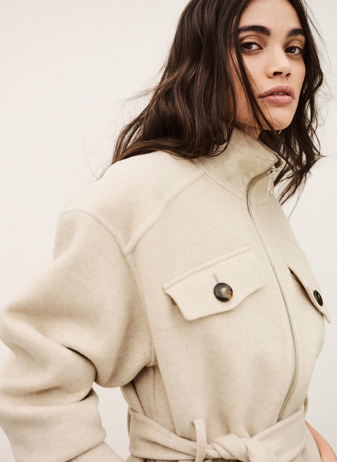 Wijde mantel van wolmix met ceintuur BA&SH Beige