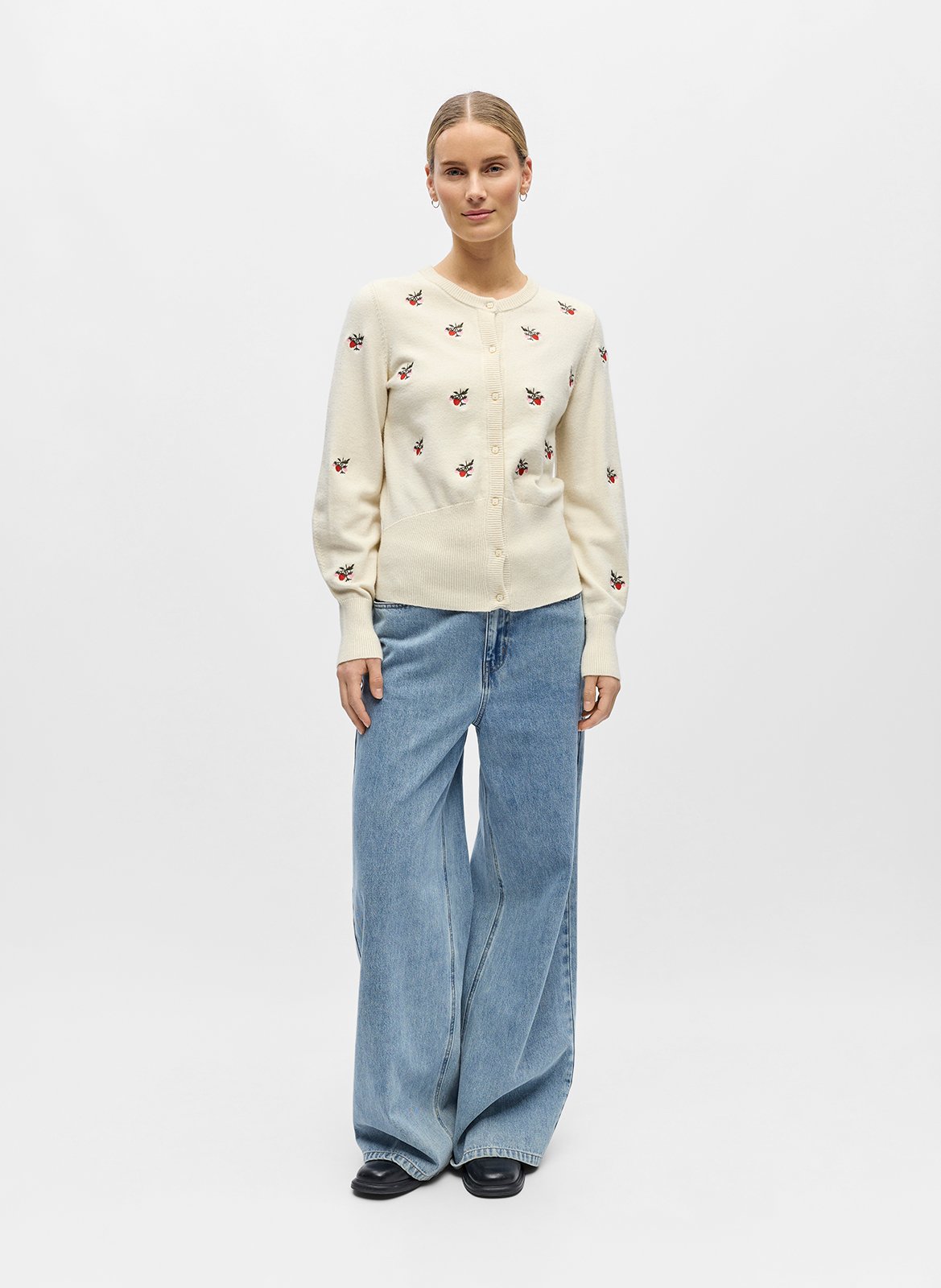 Gilet droit col rond en maille brodée OBJECT Beige