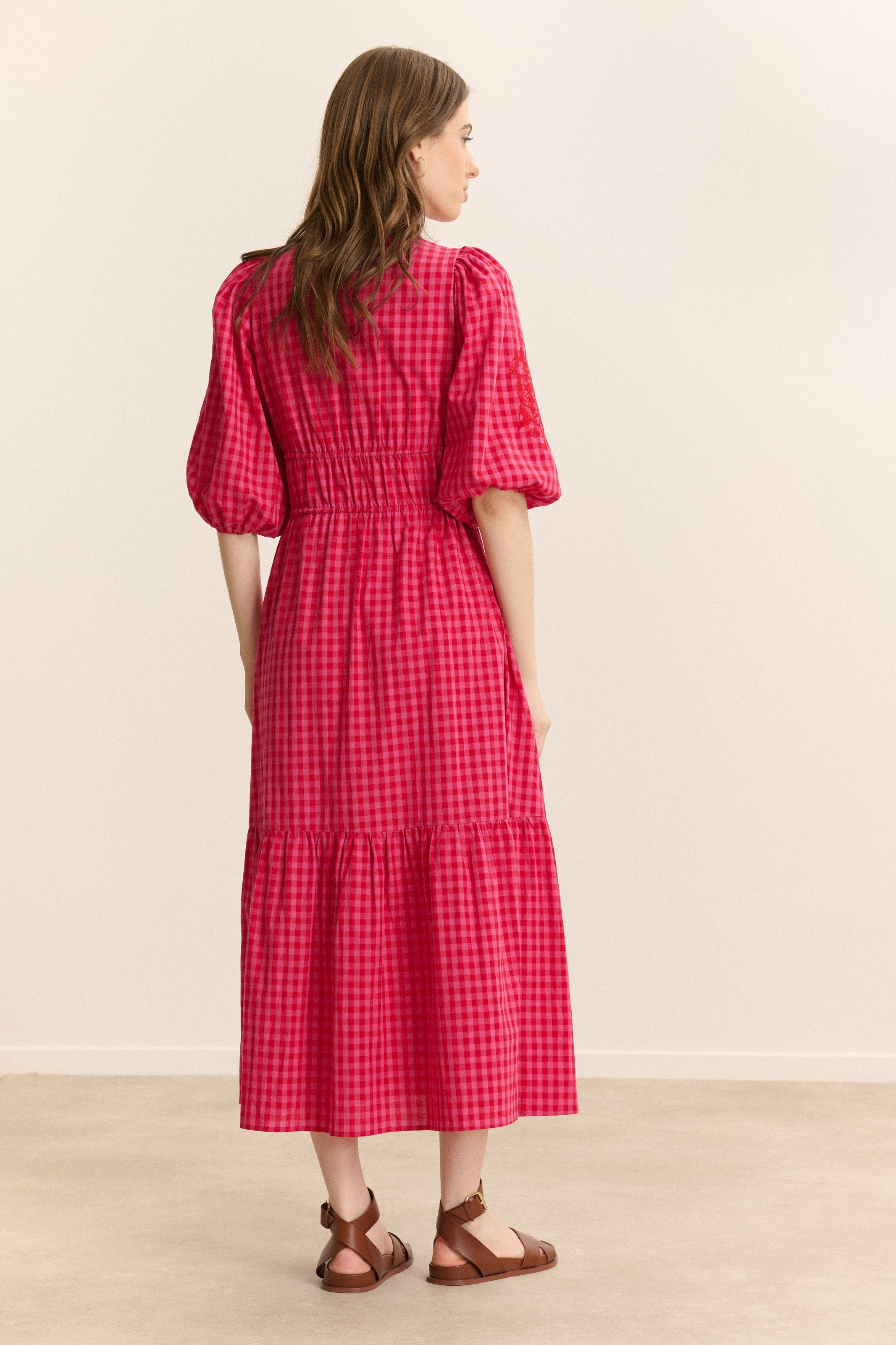 Midi checkered dress with 3/4 sleeves GARANCE PARIS Pink