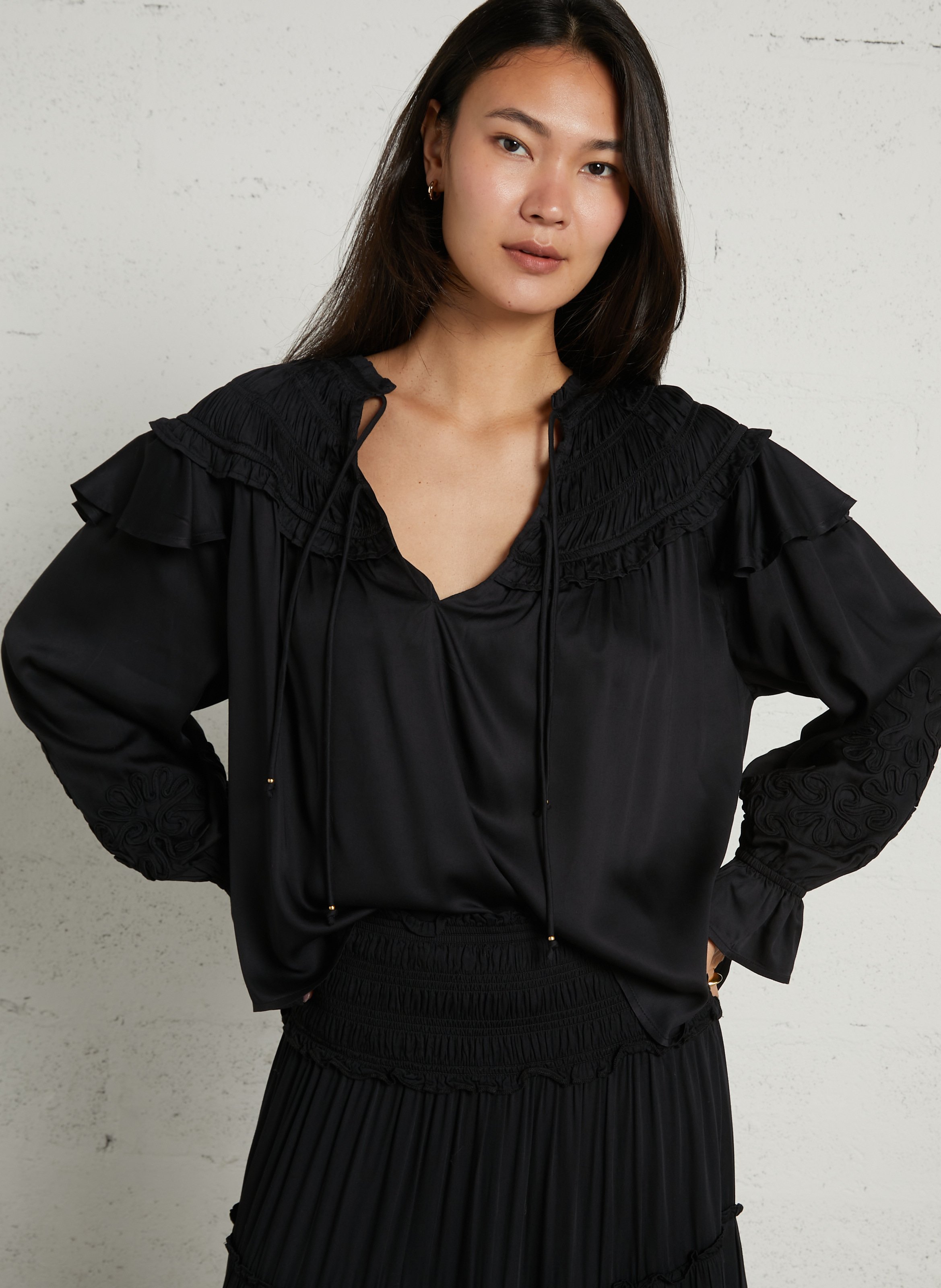 Oversized round neck satin top LOUISE MISHA Black