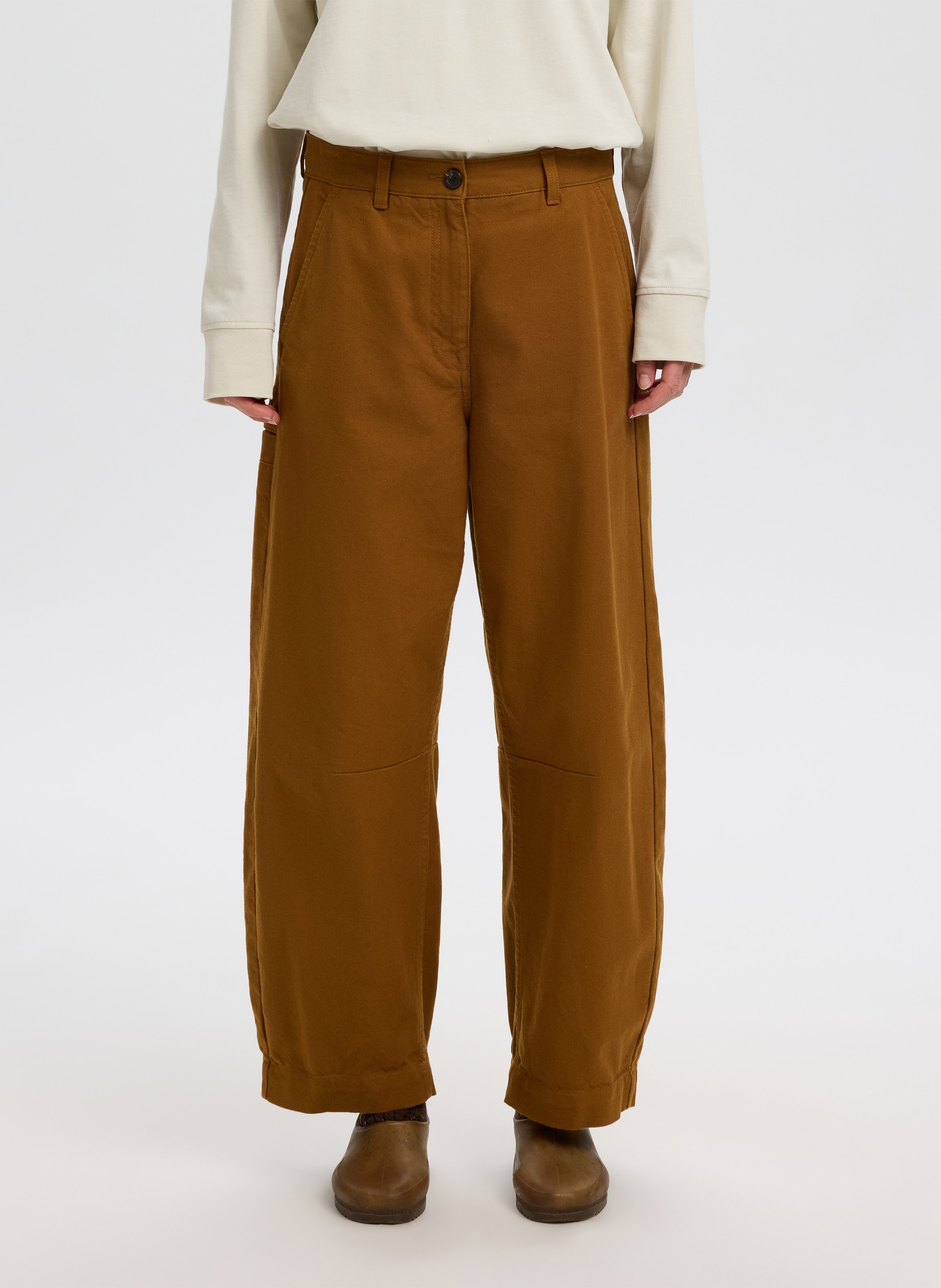 Wide-leg trousers in cotton and linen SELECTED Brown
