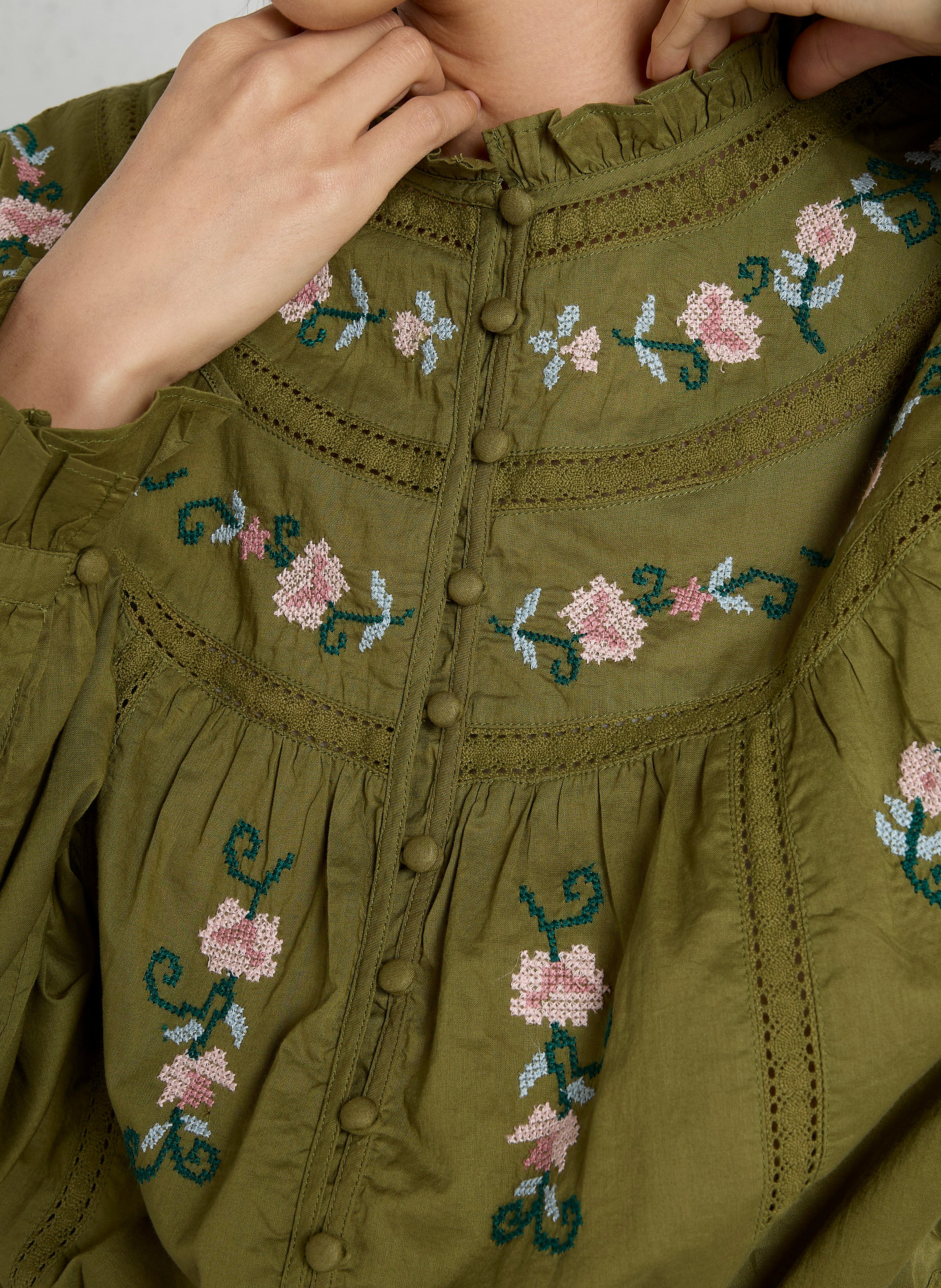 Button-Down Embroidered Blouse SUD EXPRESS Green
