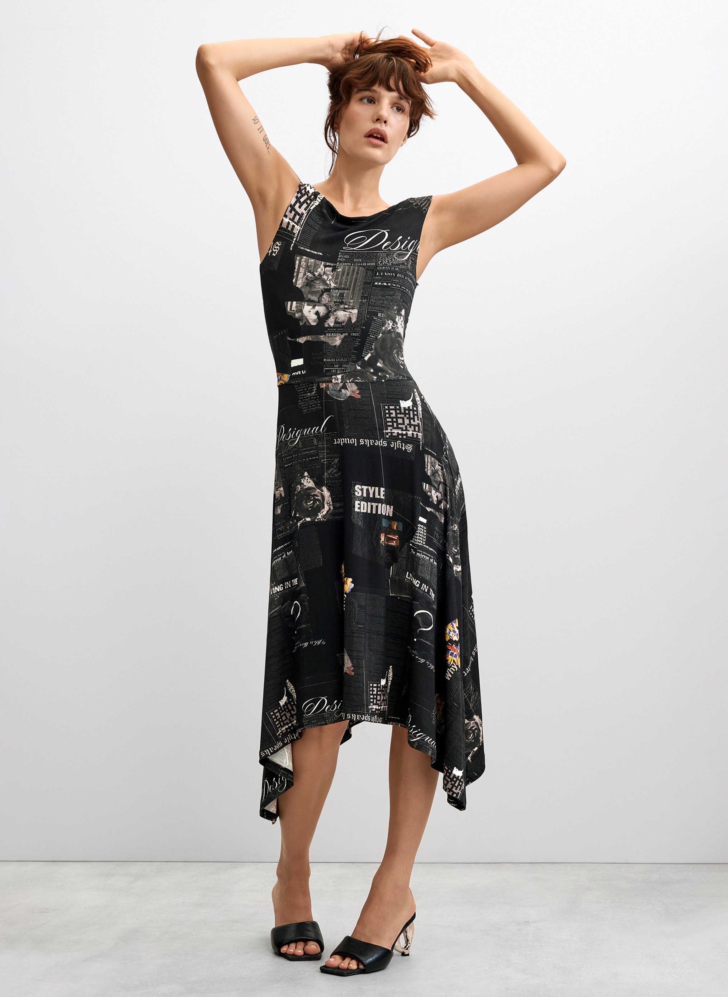 Robe midi asymétrique imprimée DESIGUAL Noir