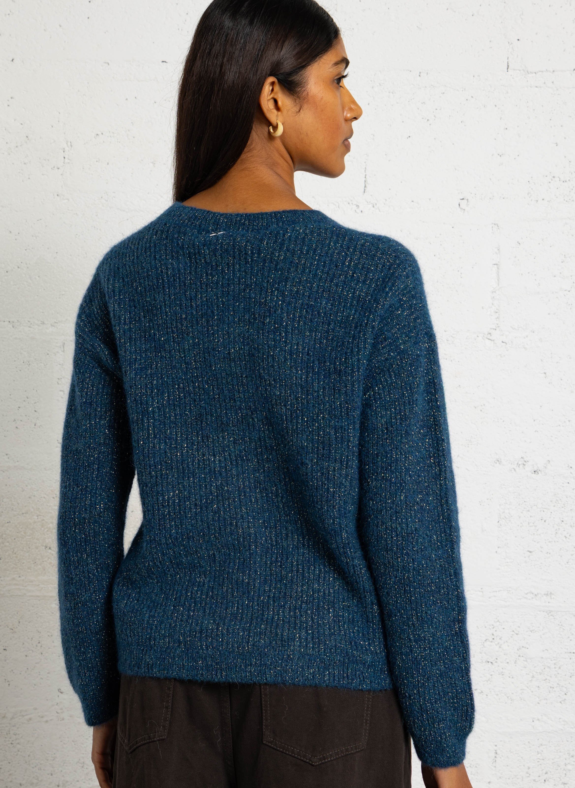 Loose-Fitting V-Neck Sequin Jumper in a Wool Blend SUD EXPRESS Blue