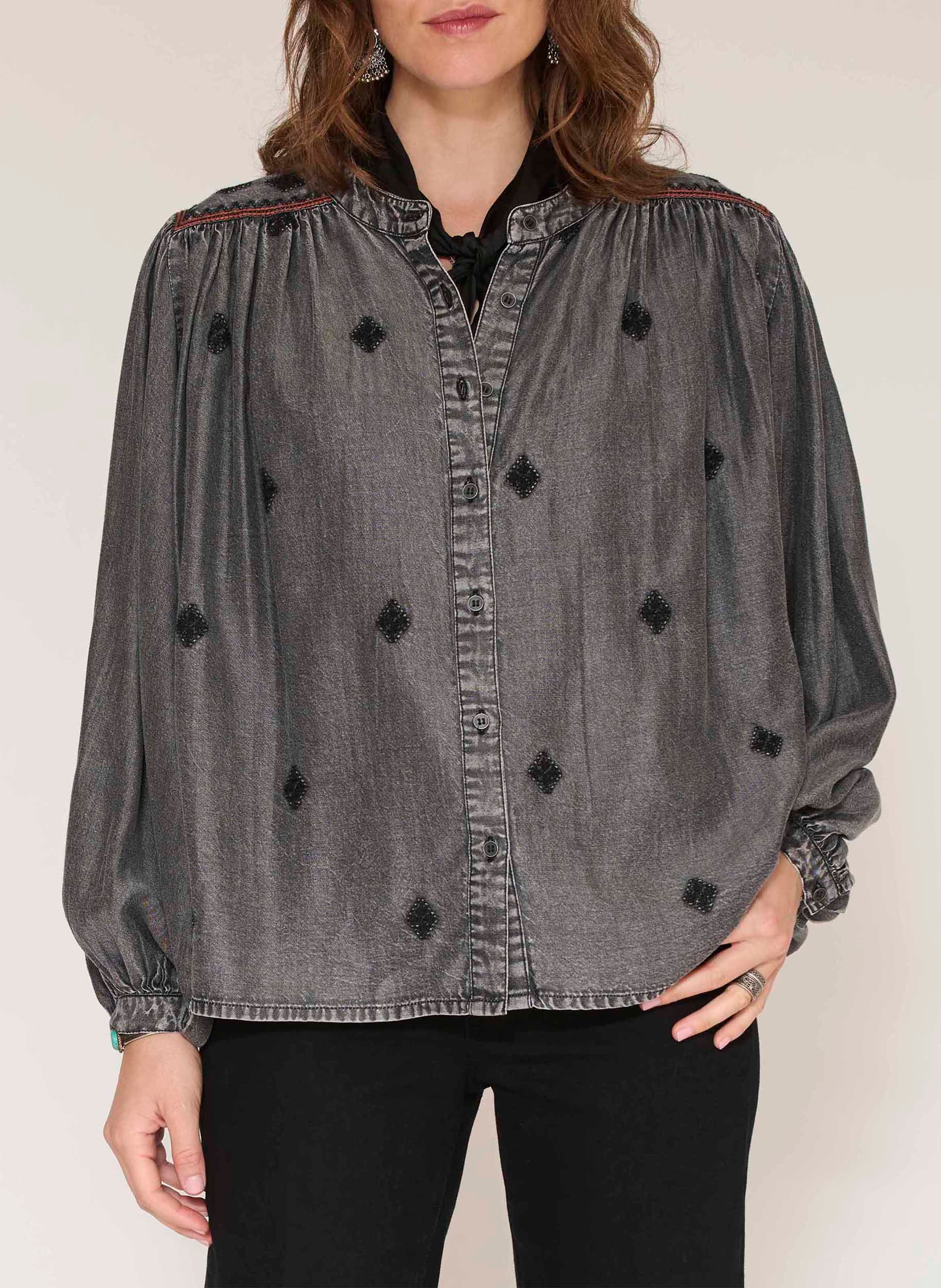 Denimbluse mit Rundhalsausschnitt und Stickereien MKT Grau