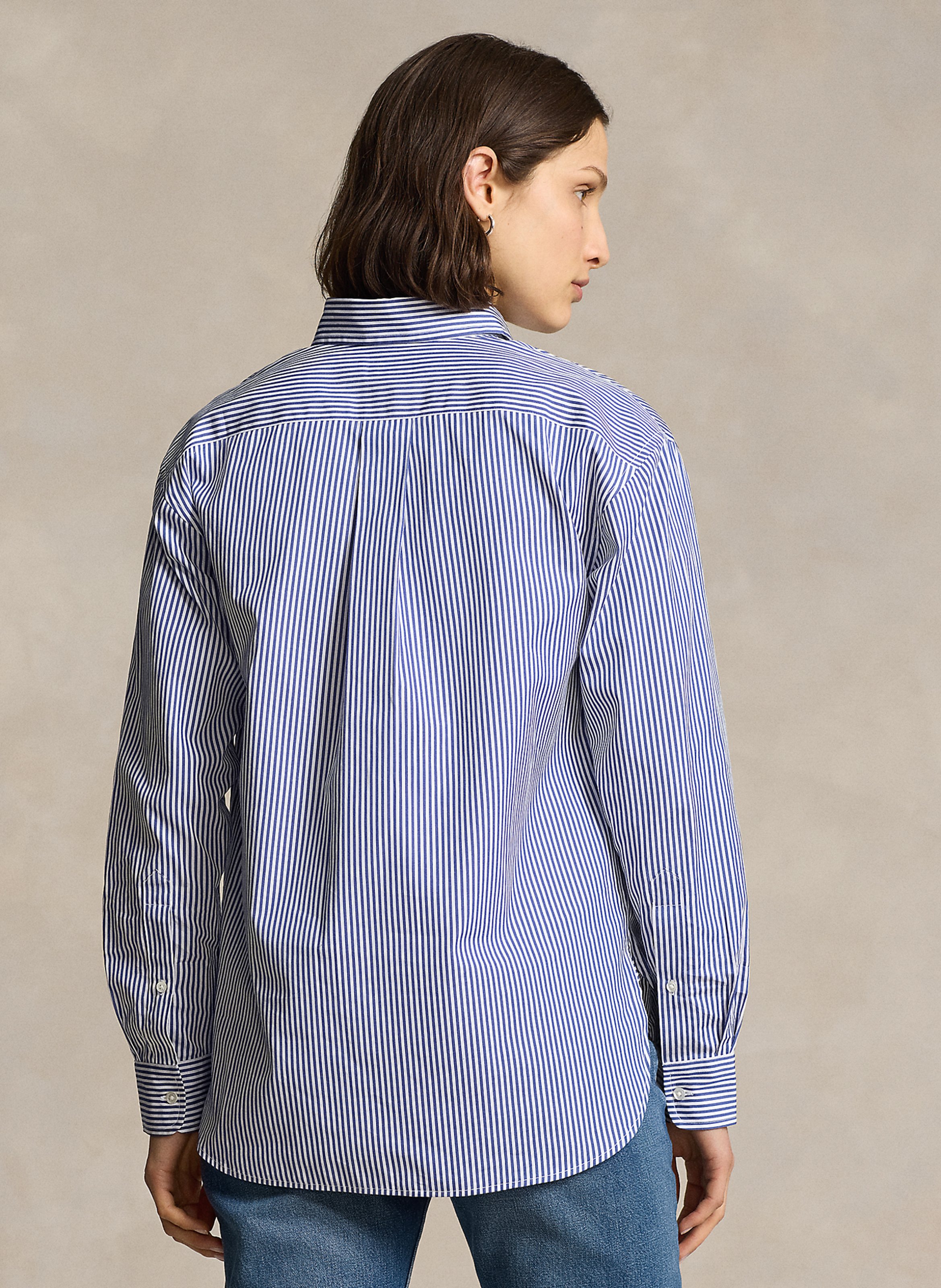 Chemise droite col polo en coton rayé Bleu