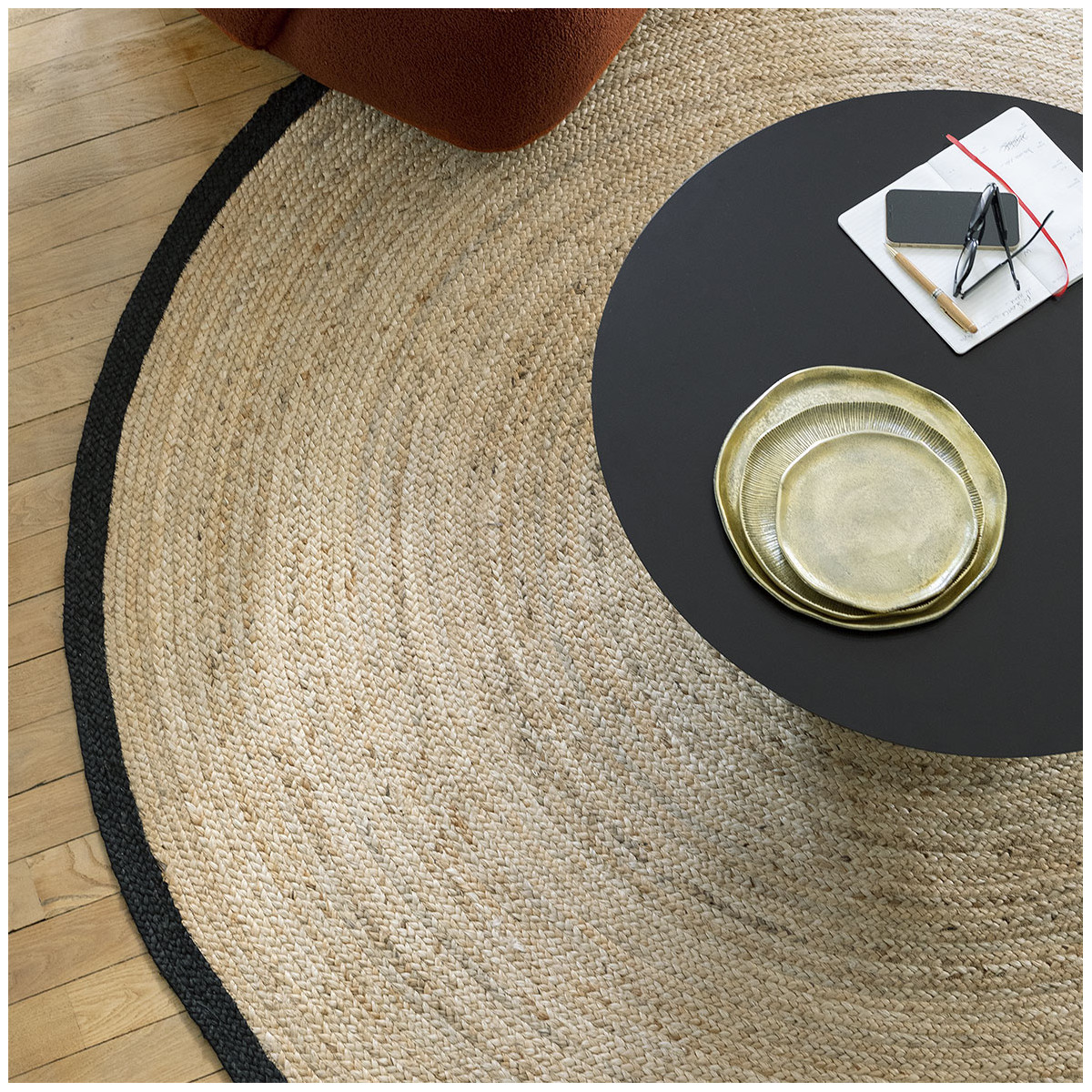 Round jute rug with black hem - Ø 200 cm BLANC D'IVOIRE Beige