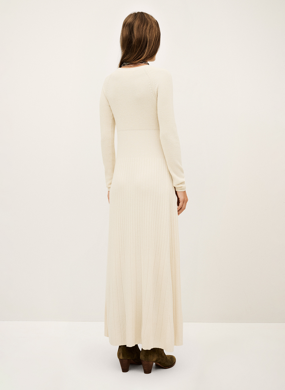 Robe longue col rond en laine mélangée Beige