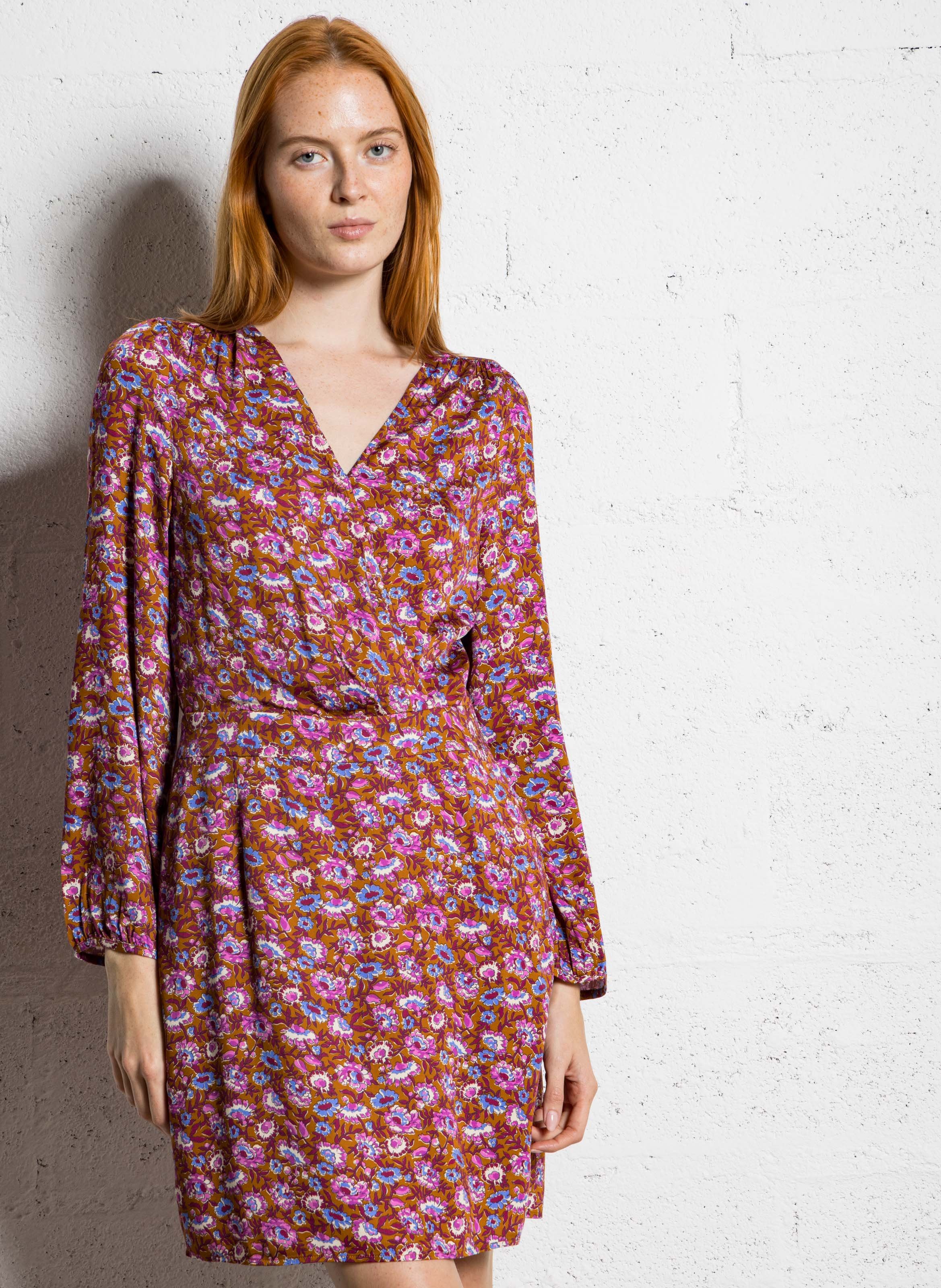 Robe courte col v à imprimé fleuri I CODE Marron