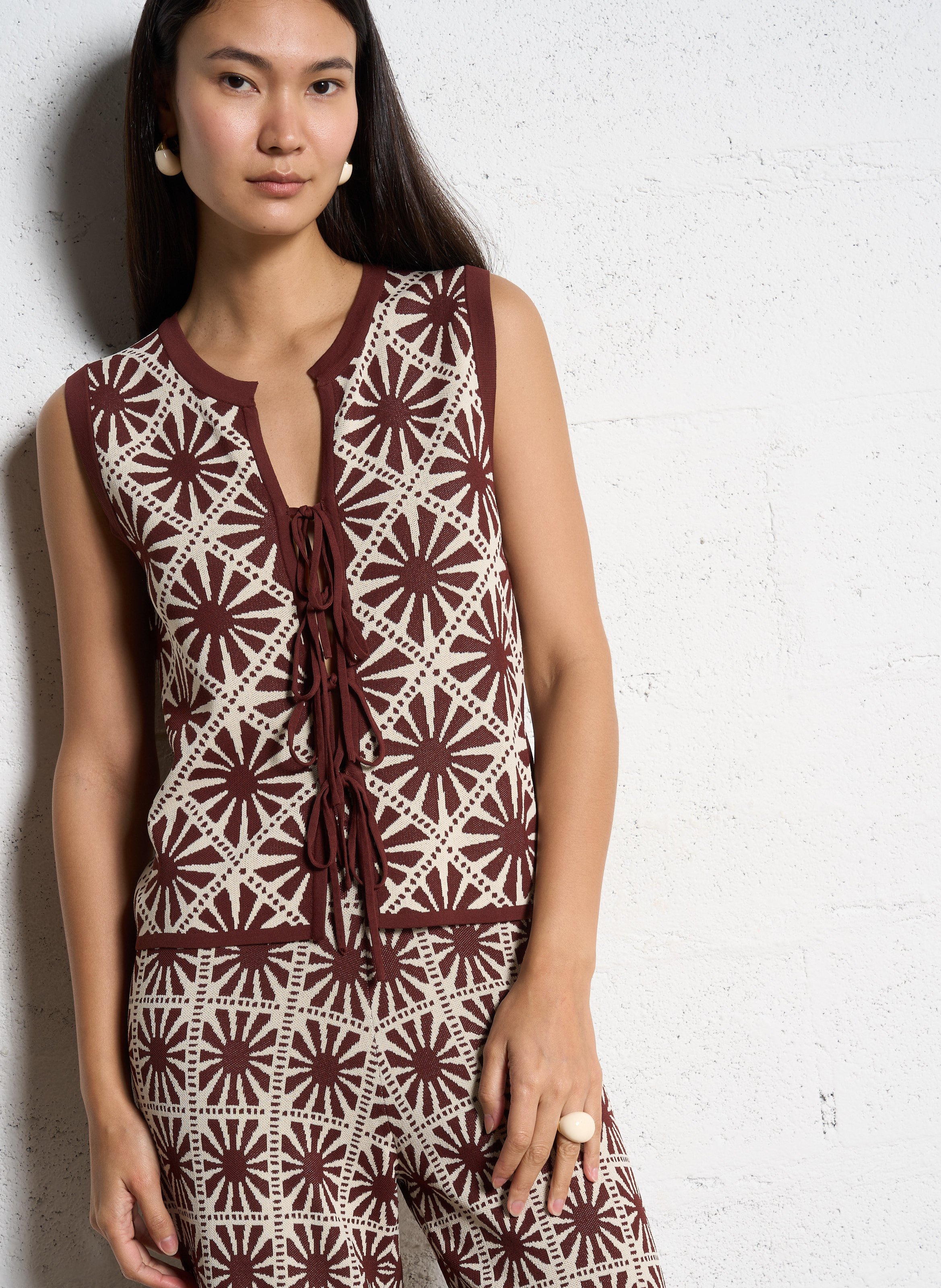 Gilet imprimé droit à nouer SUNCOO Marron