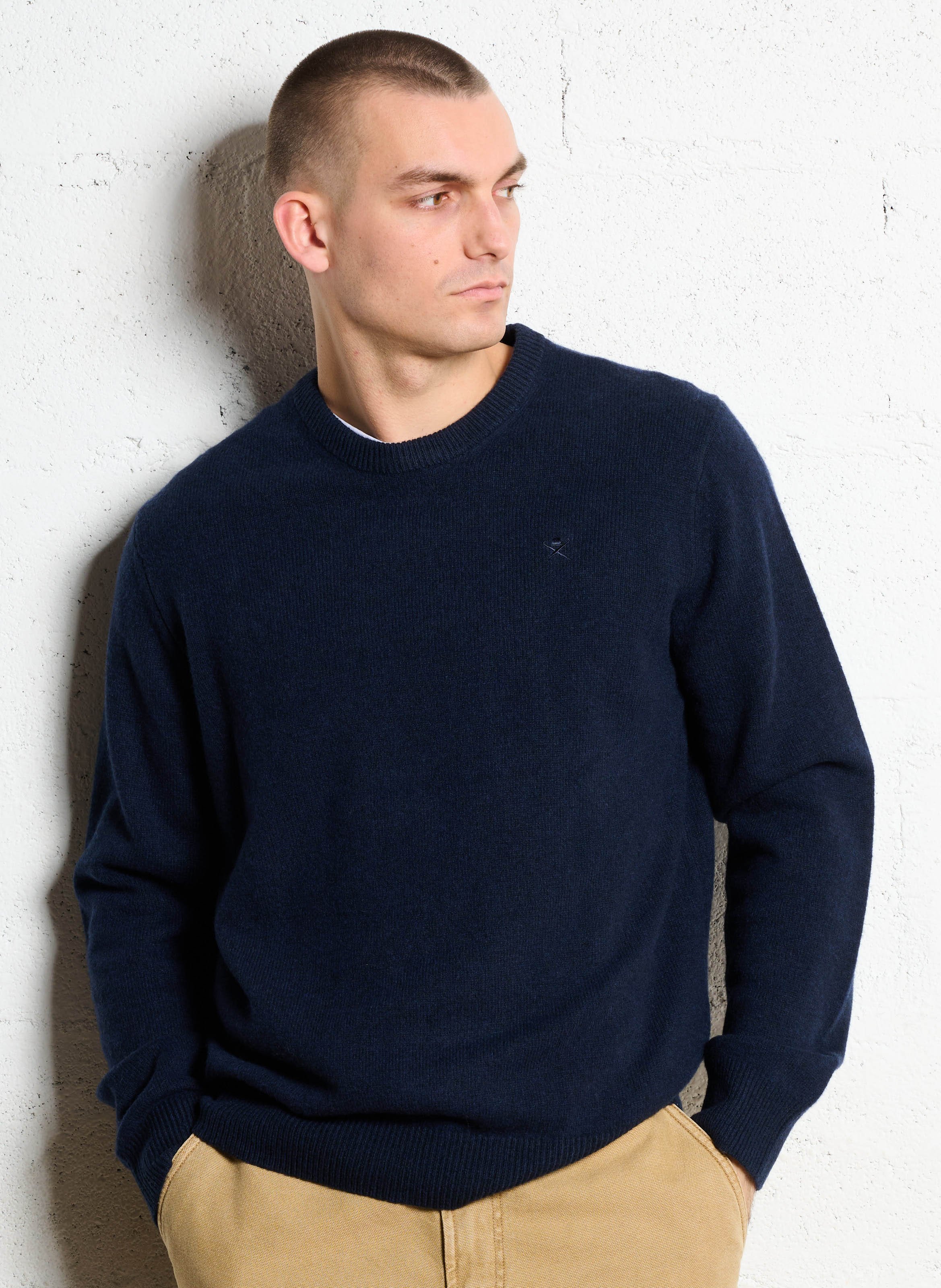 Pull col rond uni en laine HACKETT Bleu