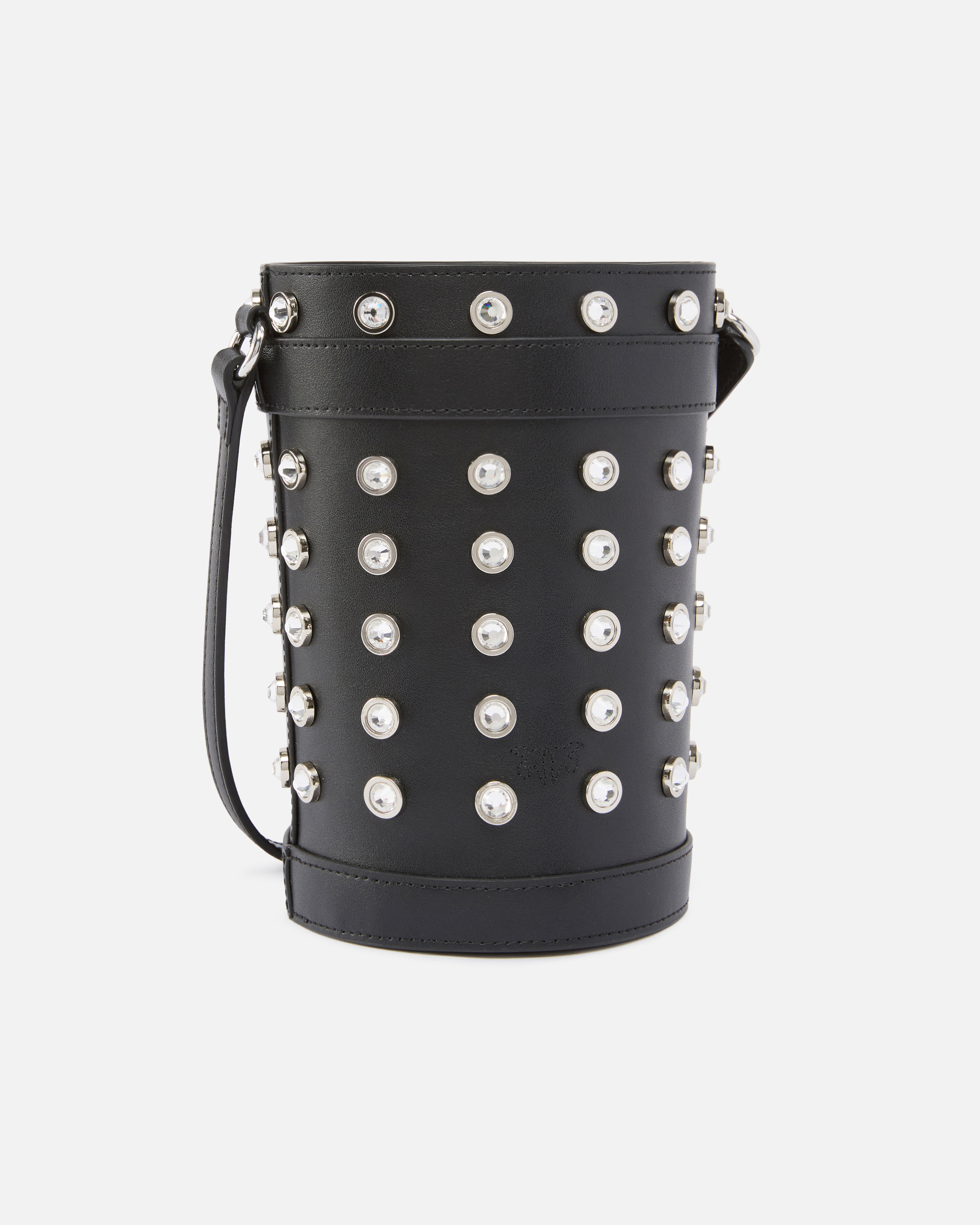 Small leather bucket bag with rhinestones shoulder strap PINKO Black