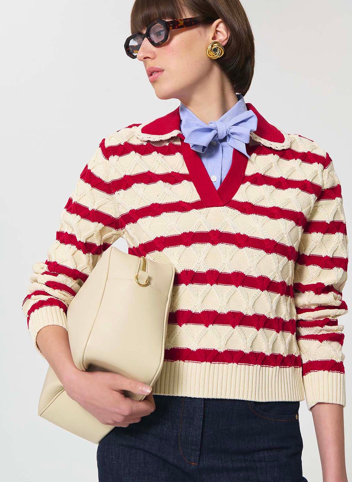 Straight V-neck striped cotton sweater TARA JARMON Red