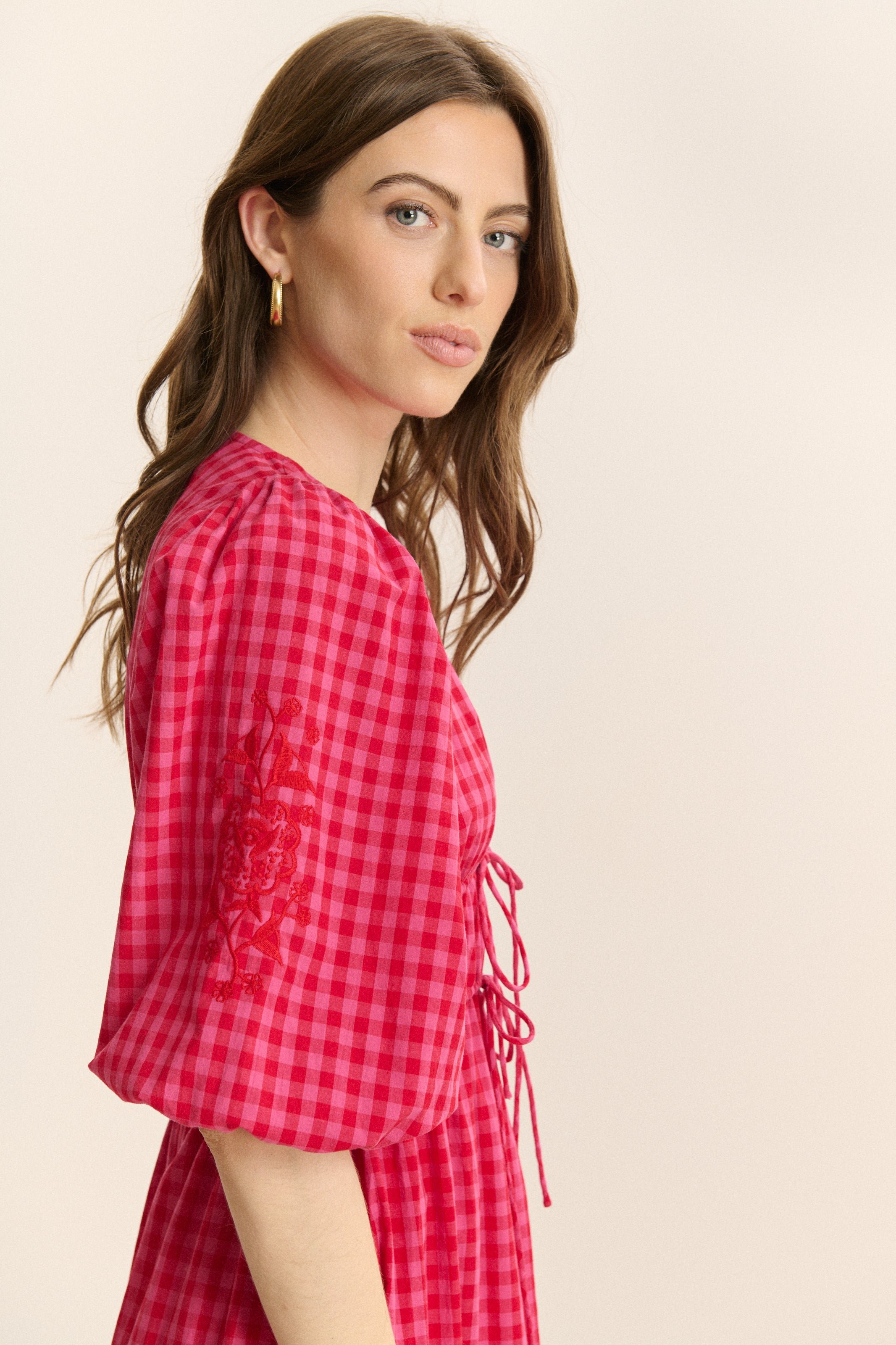 Midi checkered dress with 3/4 sleeves GARANCE PARIS Pink