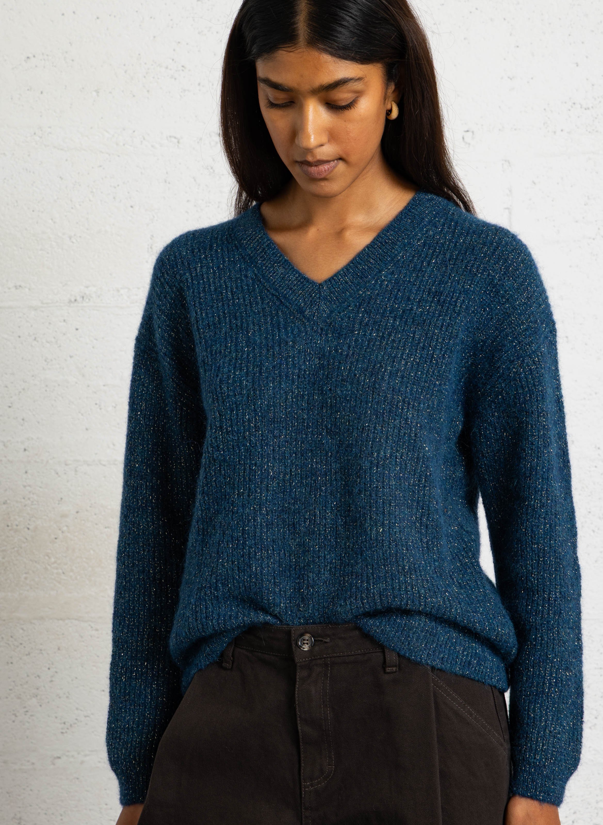 Loose-Fitting V-Neck Sequin Jumper in a Wool Blend SUD EXPRESS Blue