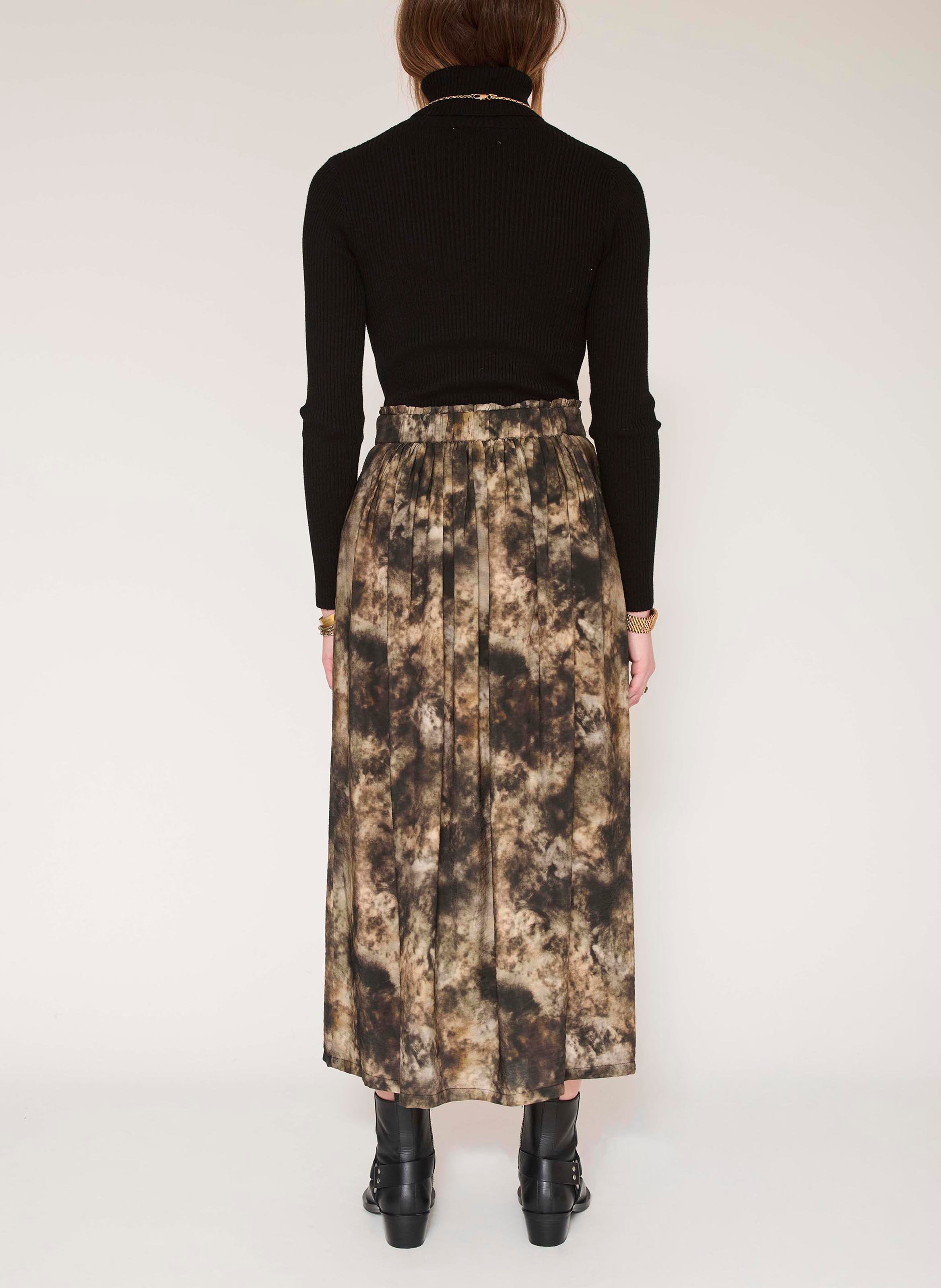 Lange, uitlopende rok met print MKT Kaki
