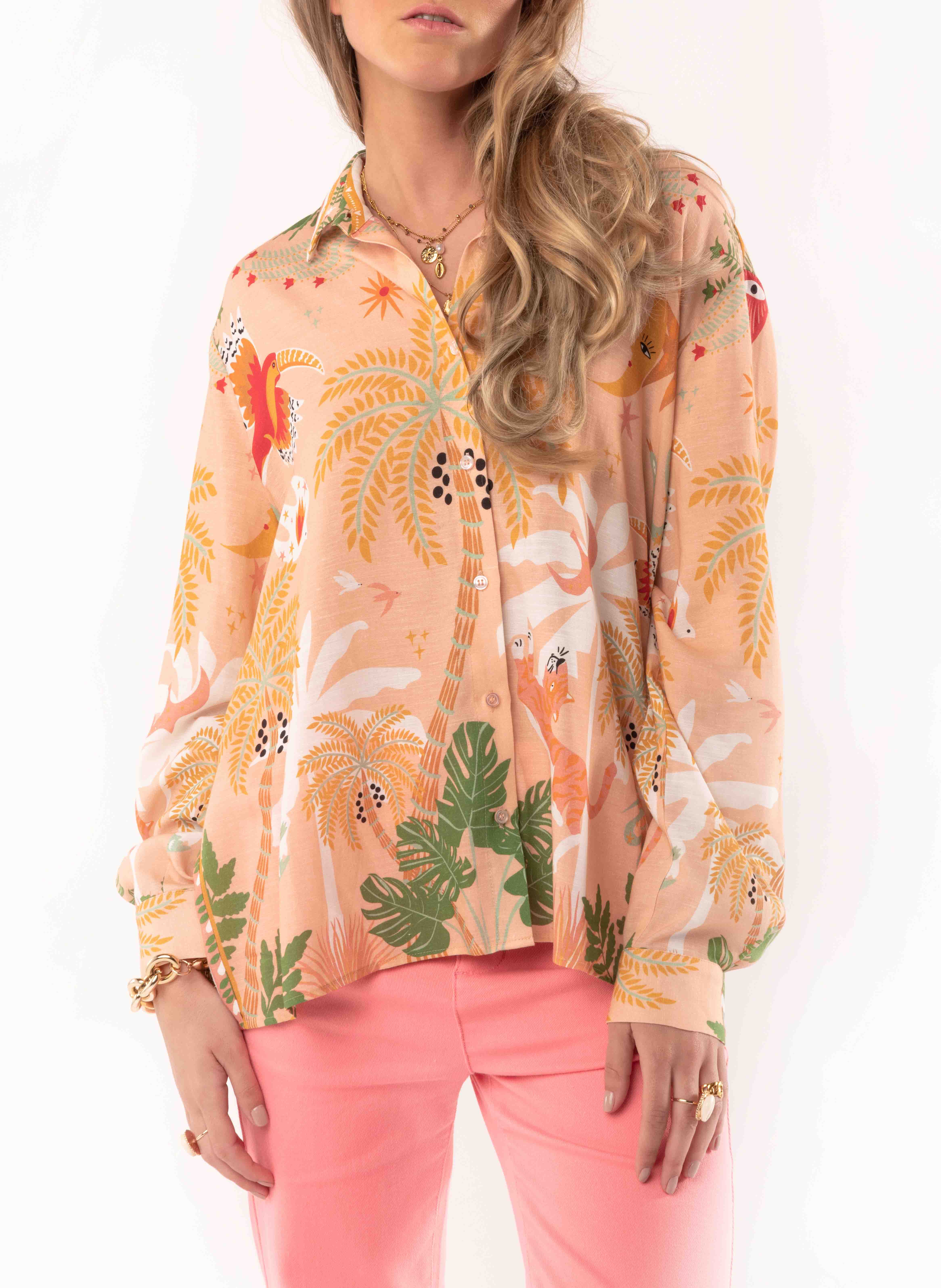 Chemise droite imprim tropical Beige