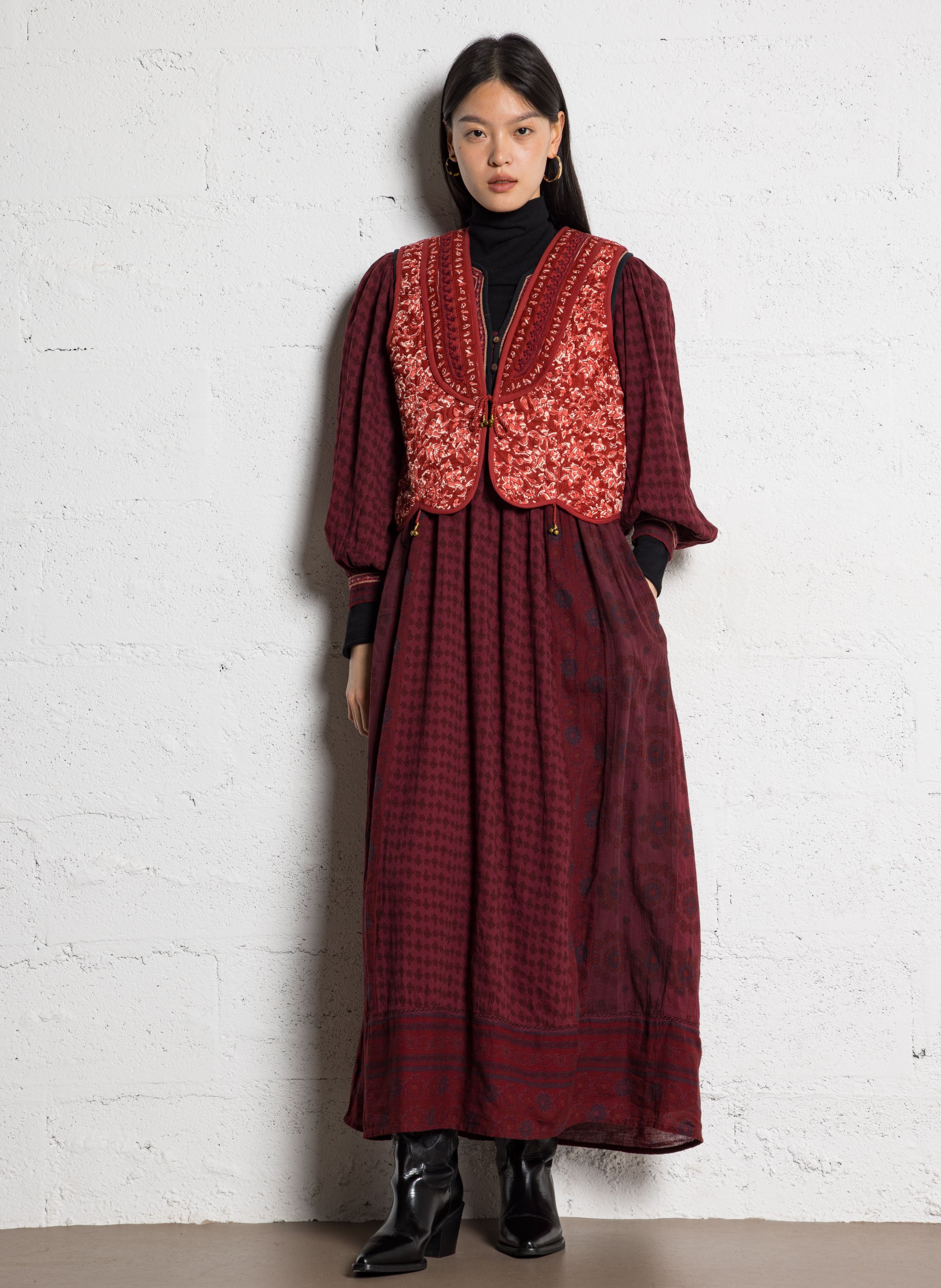 Long dress with Tunisian collar in floral pattern MAISON HOTEL Red