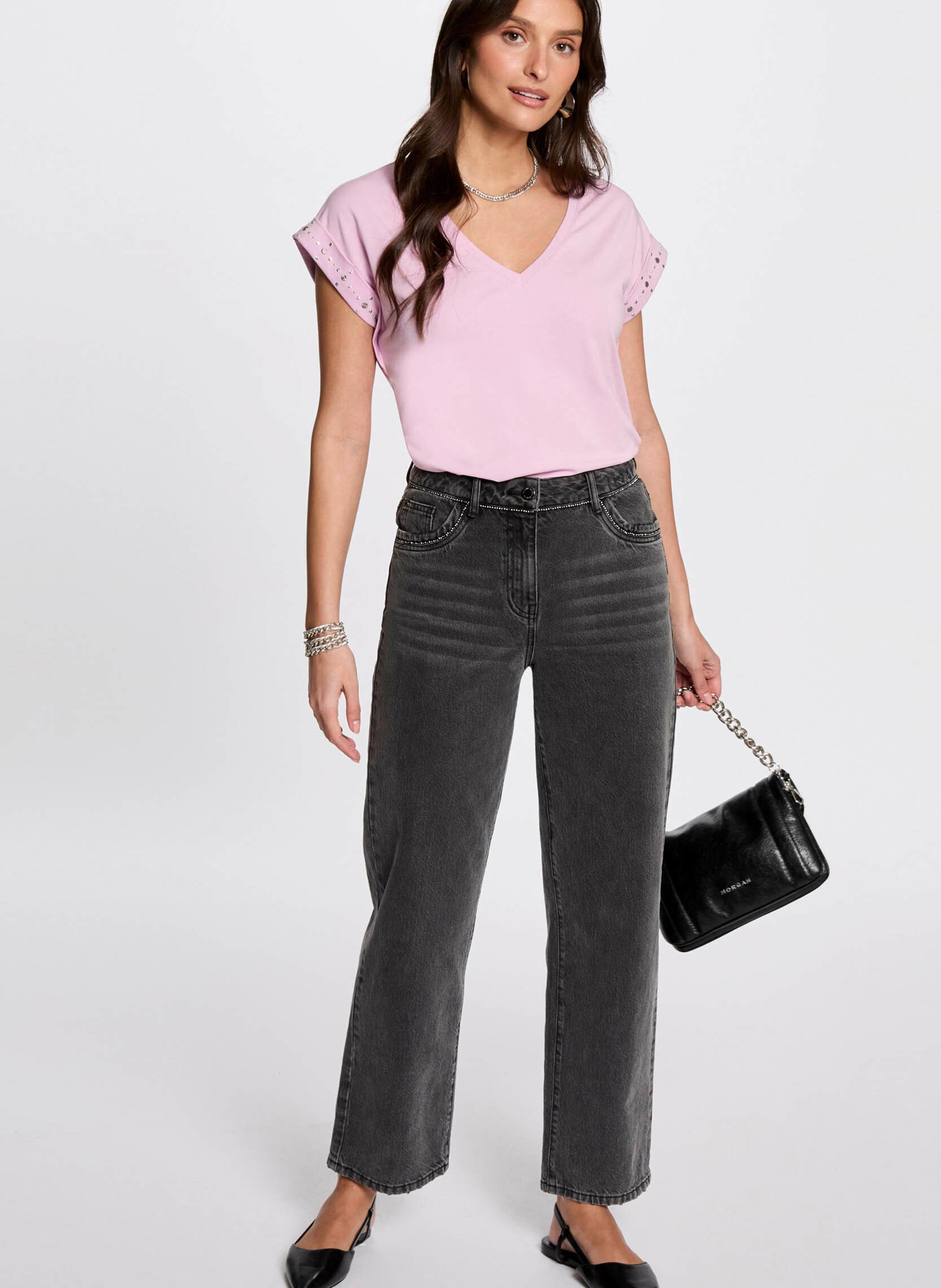 Tee-shirt col v en coton mélangé MORGAN Rose