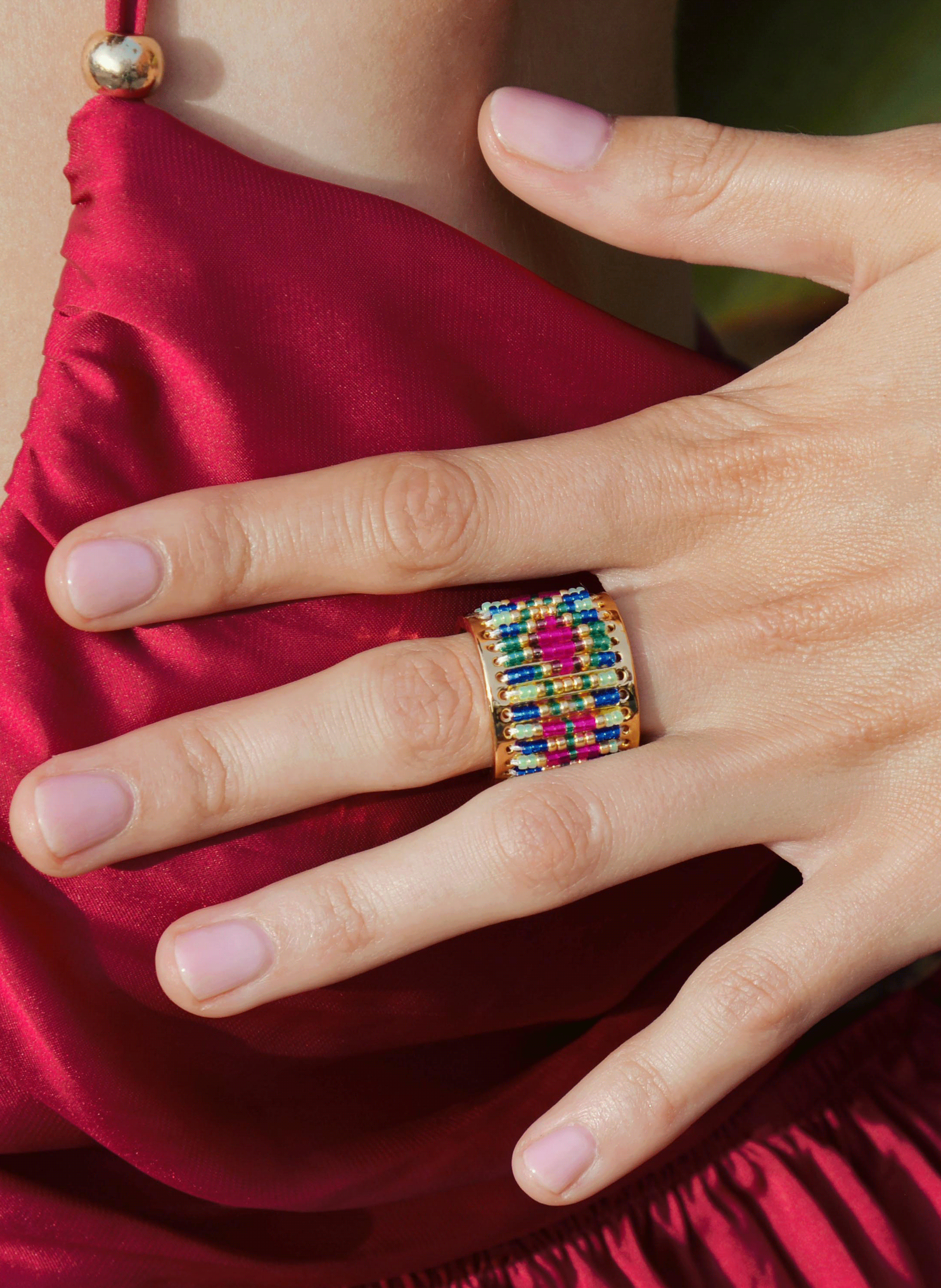 Adjustable ring with woven beads HIPANEMA Blue