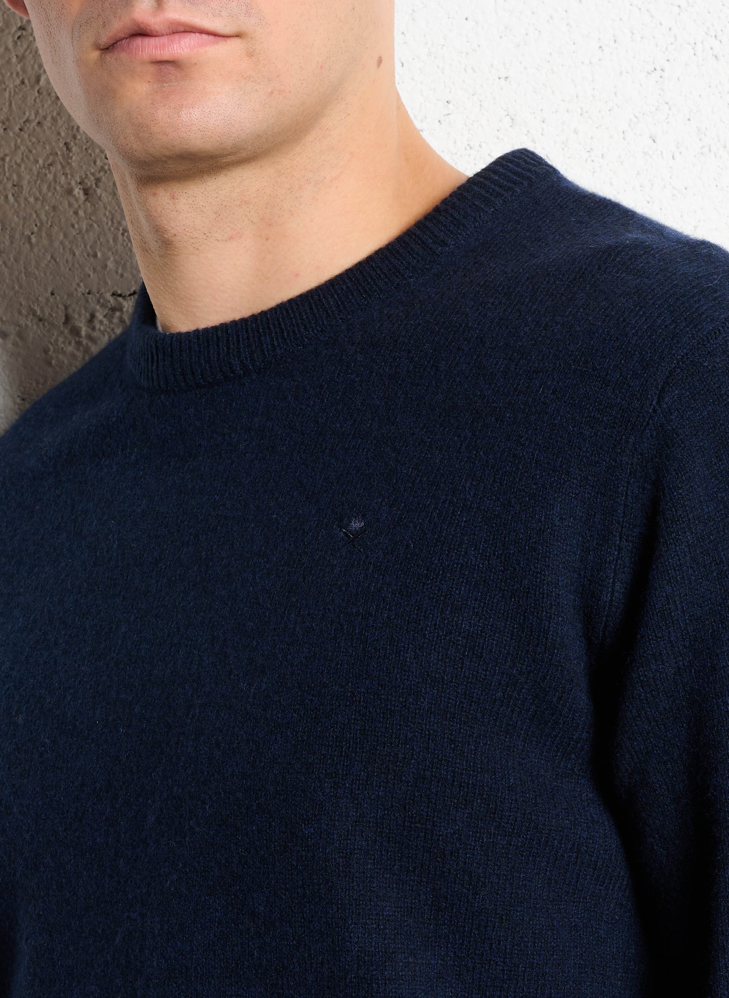 Pull col rond uni en laine HACKETT Bleu