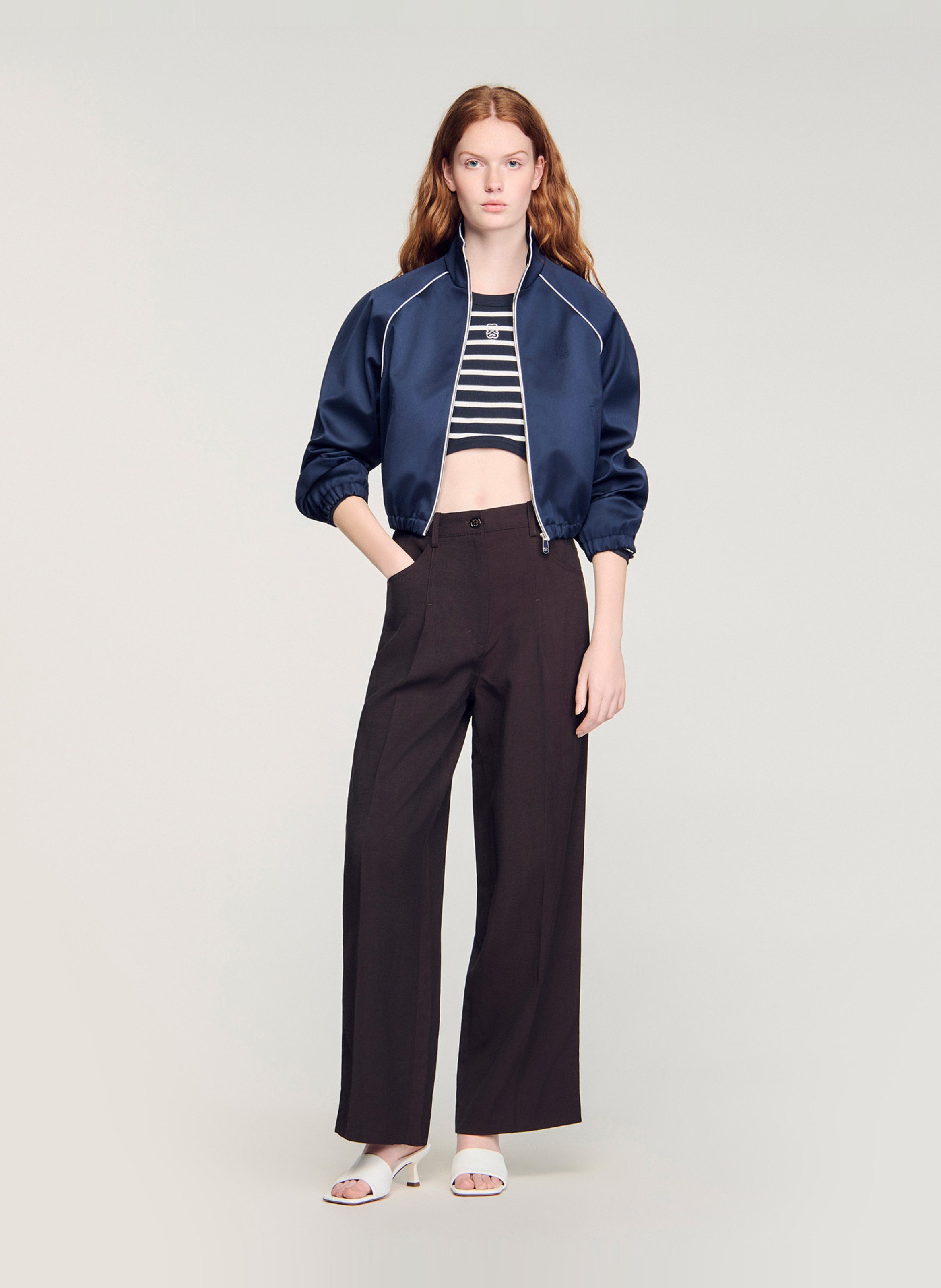 Round-neck straight striped cotton T-shirt SANDRO Blue