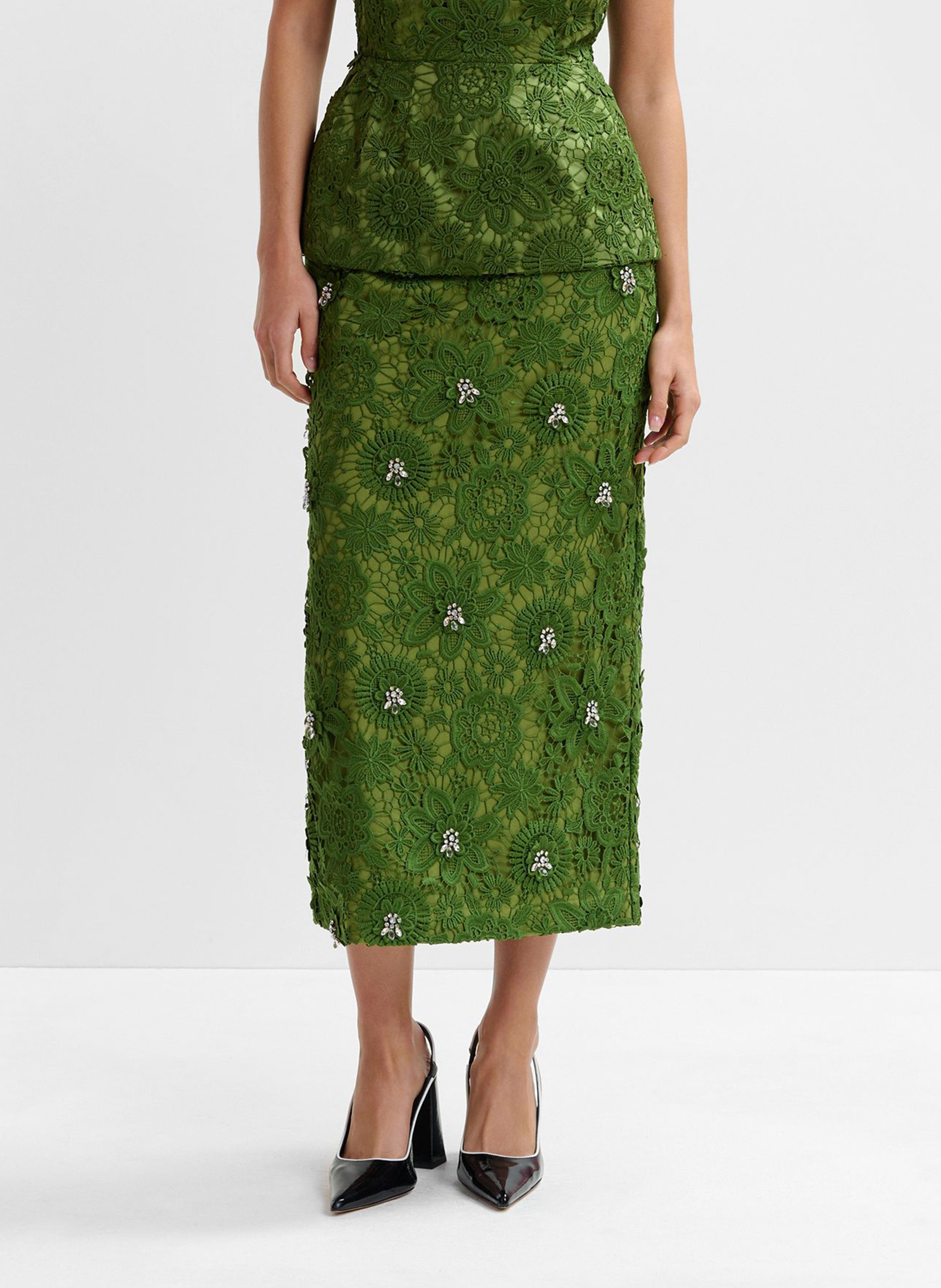 Floral lace midi pencil skirt ESSENTIEL ANTWERP Green
