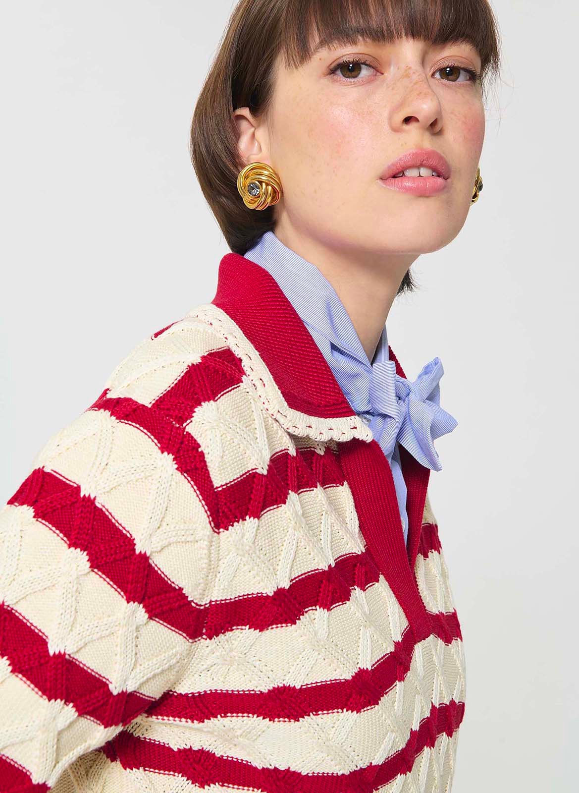 Straight V-neck striped cotton sweater TARA JARMON Red