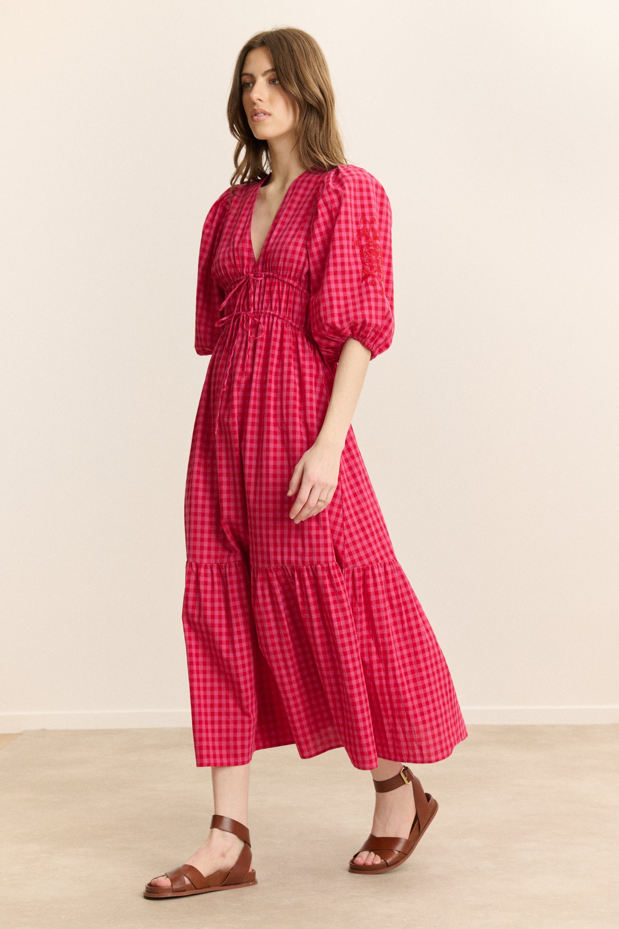 Midi checkered dress with 3/4 sleeves GARANCE PARIS Pink