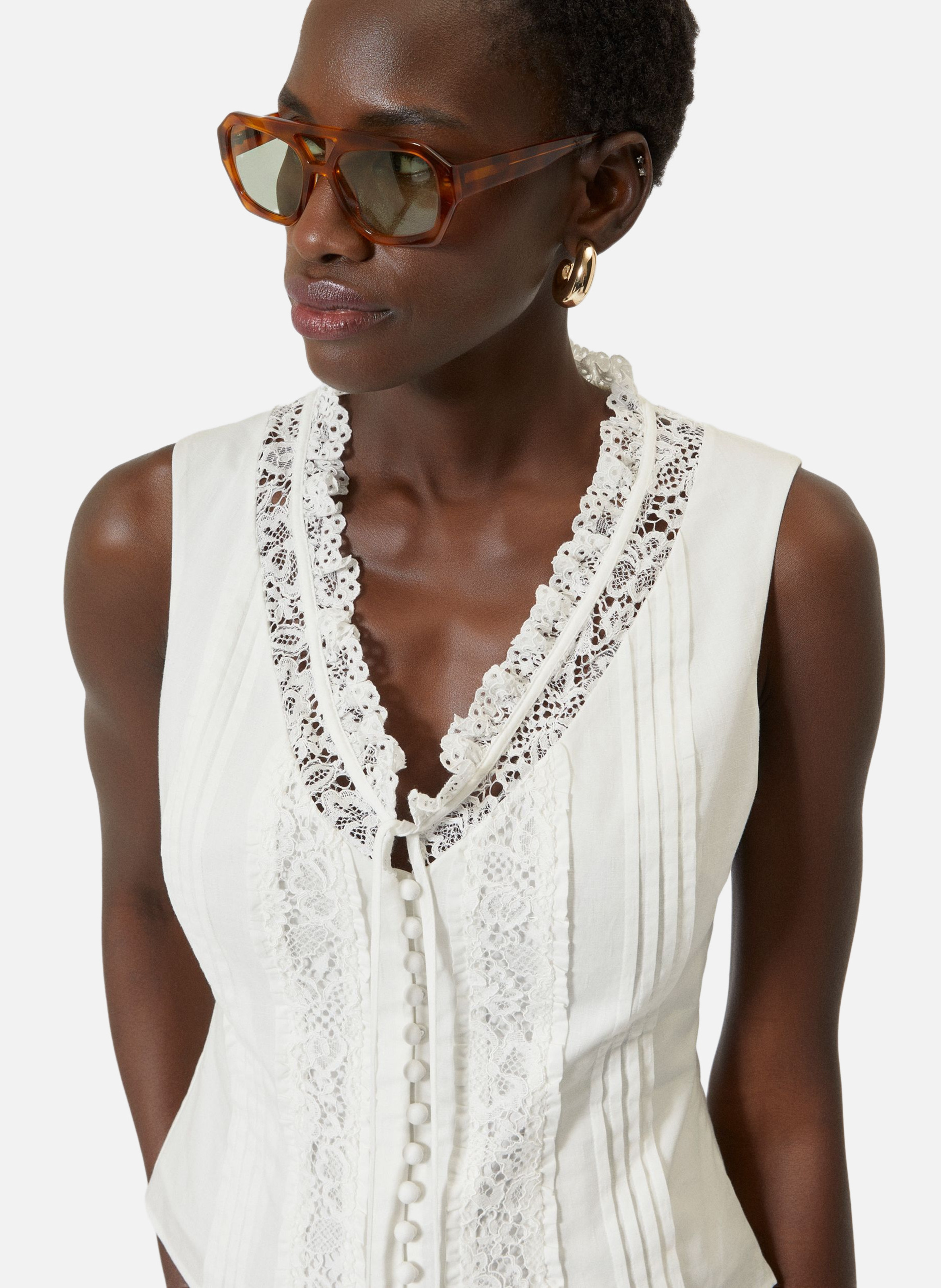 Top en coton avec incrustation dentelle THE KOOPLES Beige