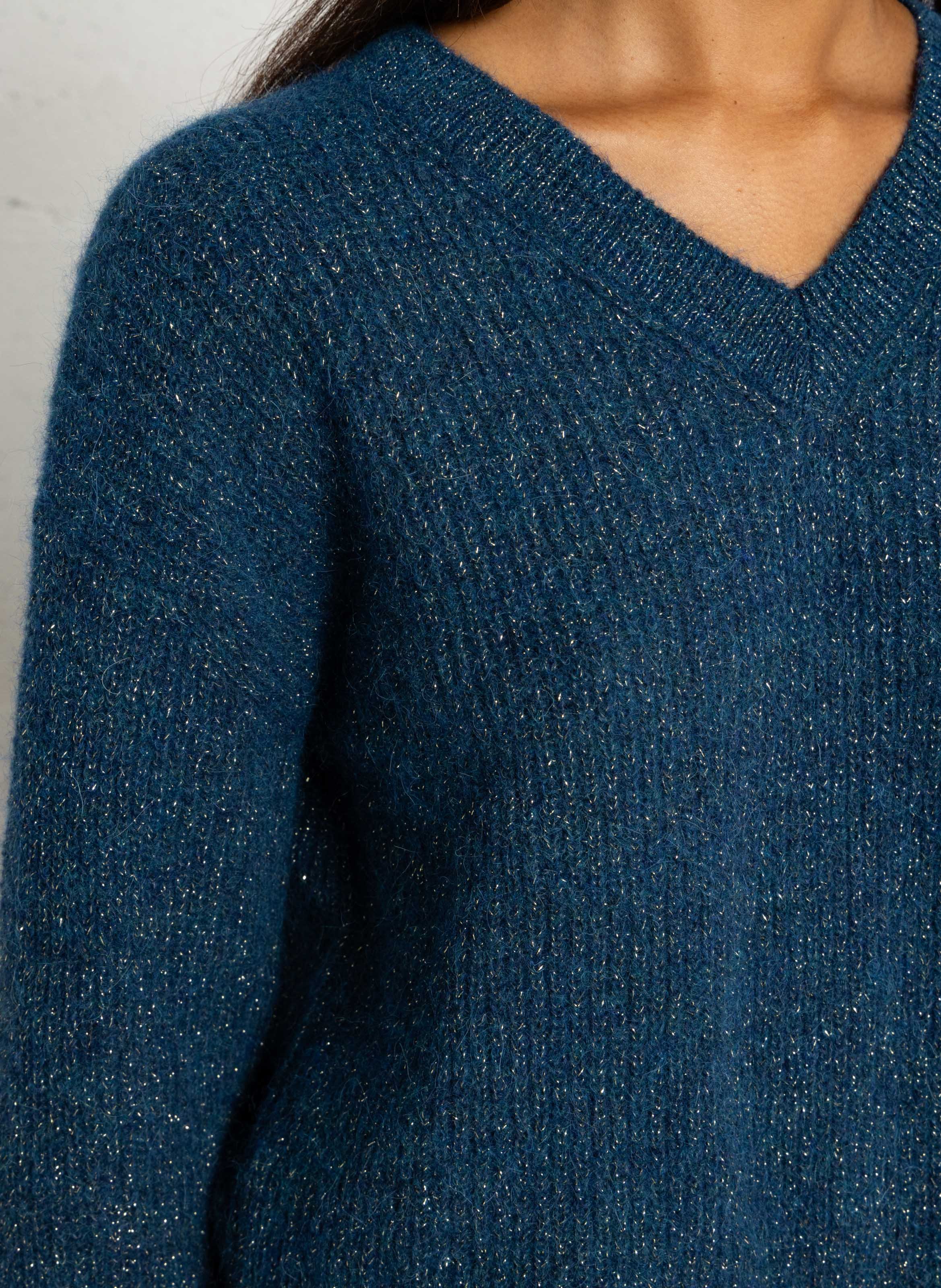 Loose-Fitting V-Neck Sequin Jumper in a Wool Blend SUD EXPRESS Blue