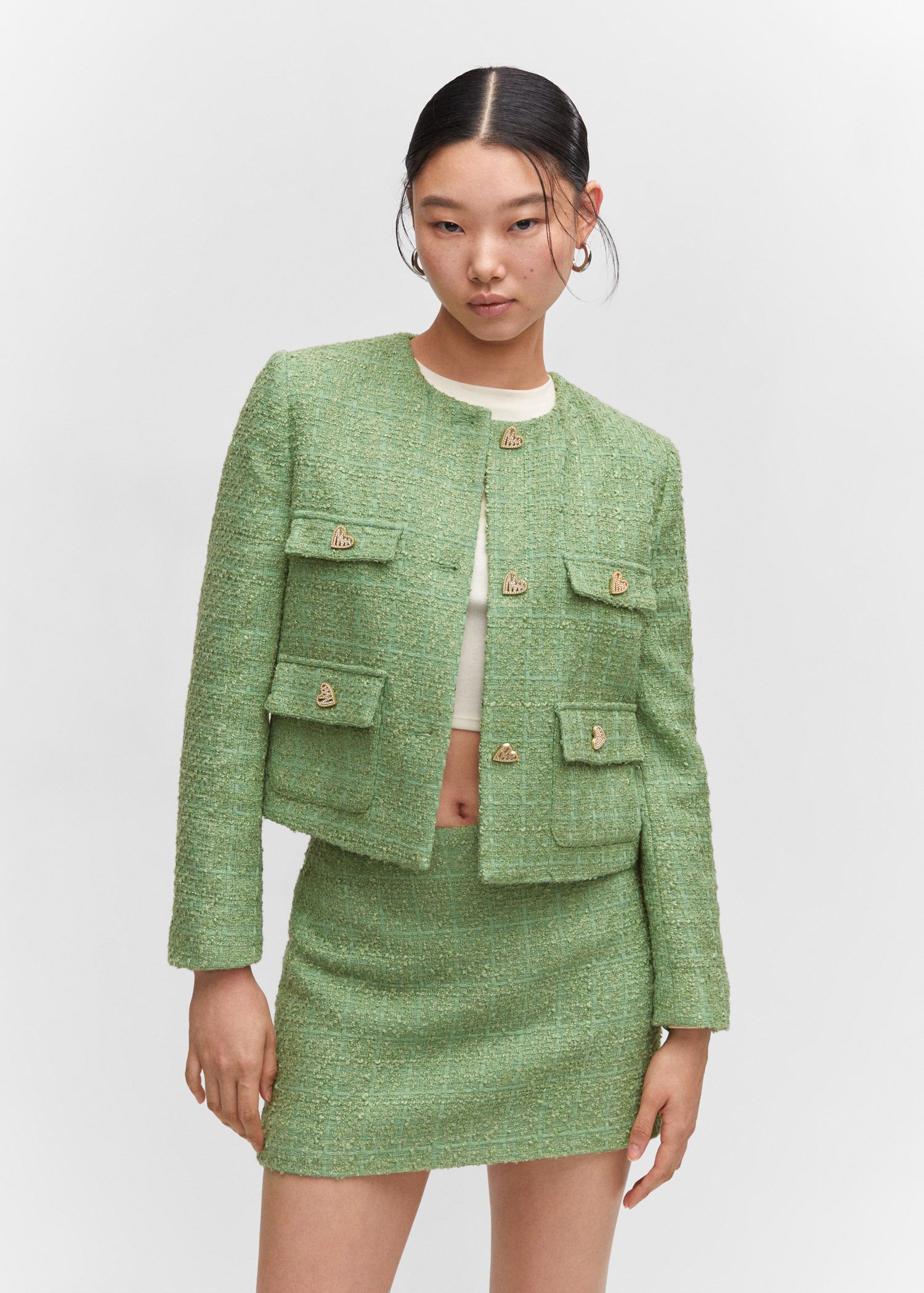 Veste courte col rond en tweed Vert