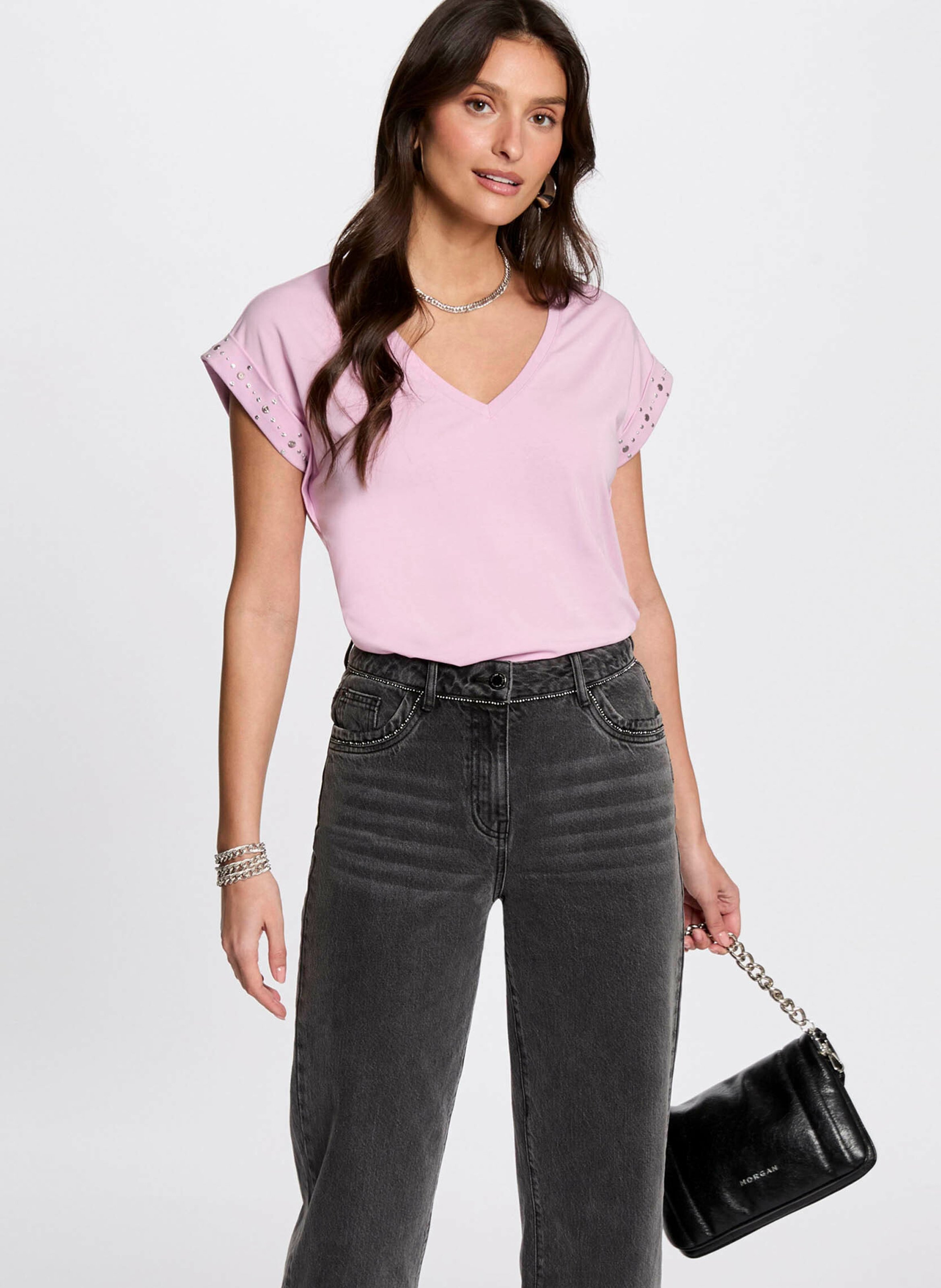 Tee-shirt col v en coton mélangé MORGAN Rose