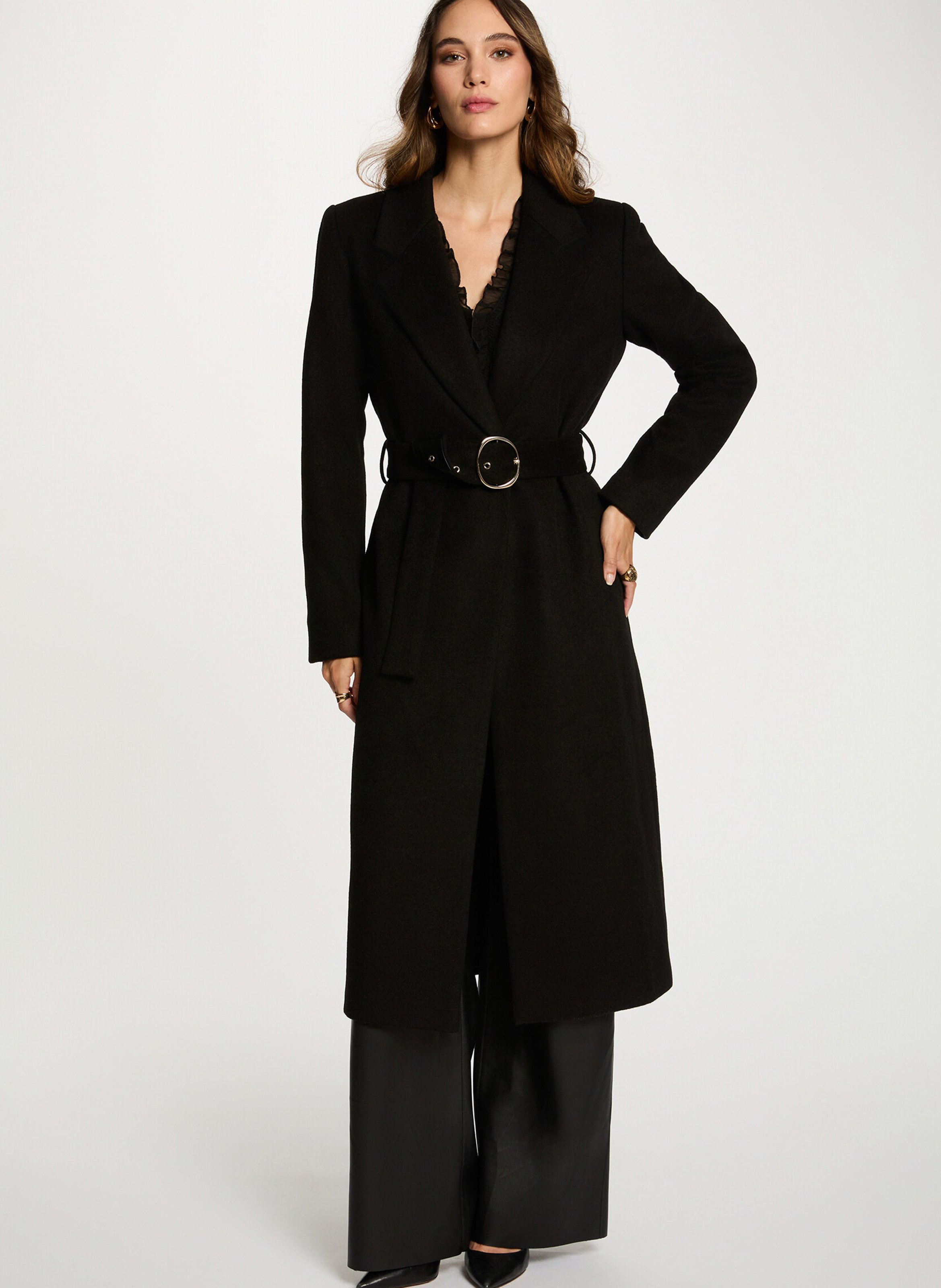 Manteau ceinturé en laine mélangée MORGAN Noir