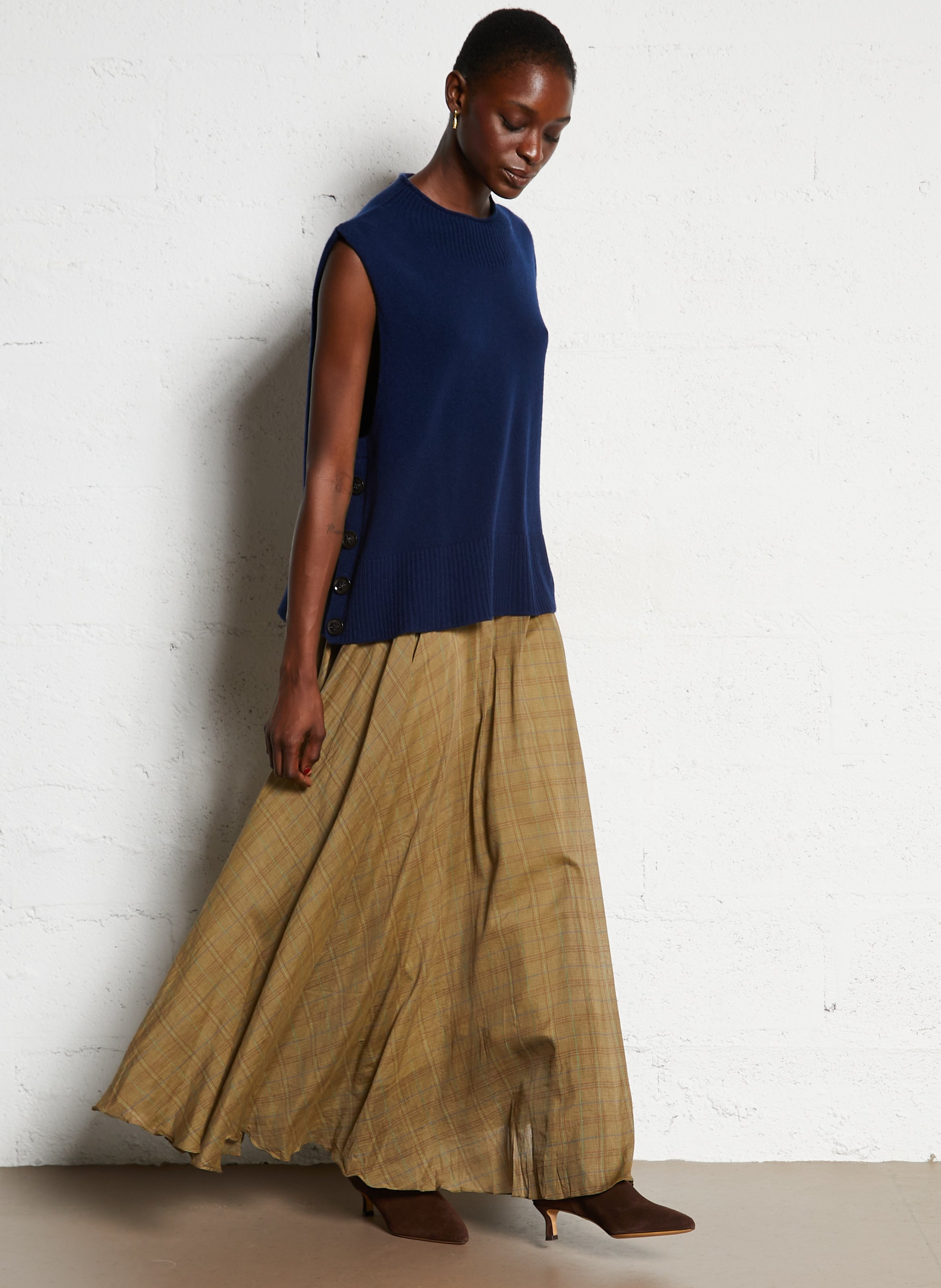 Jupe longue évasée en coton et soie MES DEMOISELLES Kaki