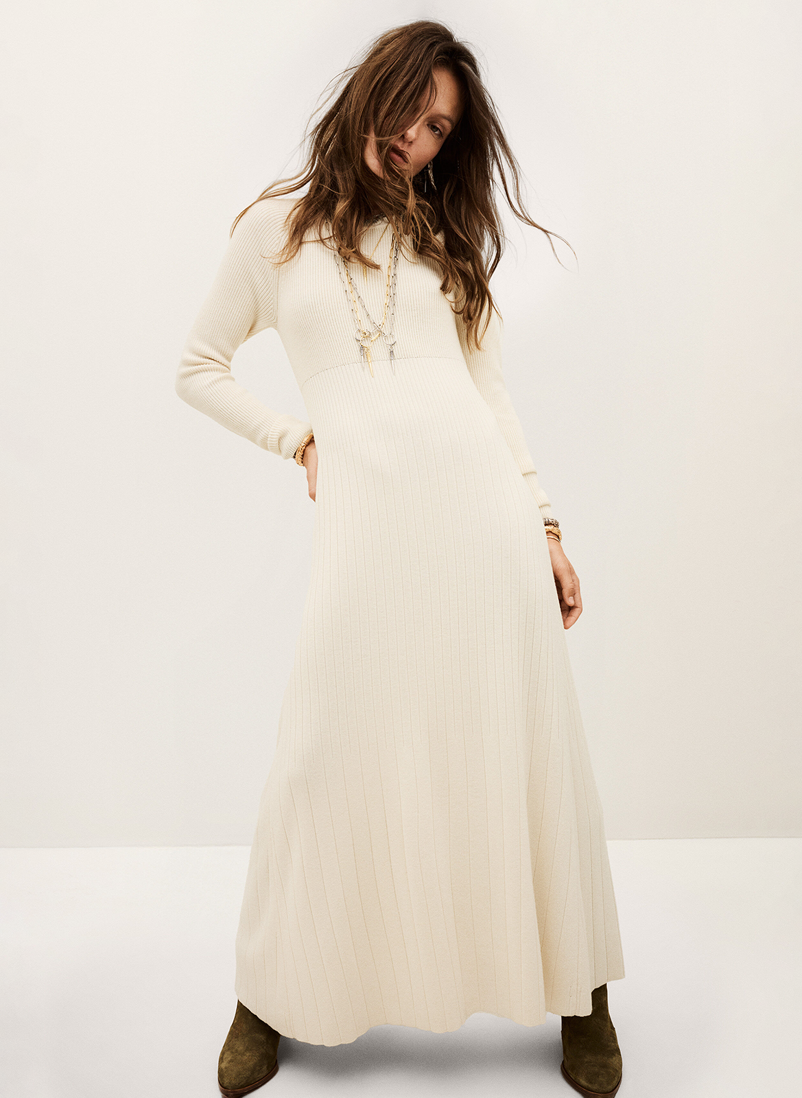 Robe longue col rond en laine mélangée Beige