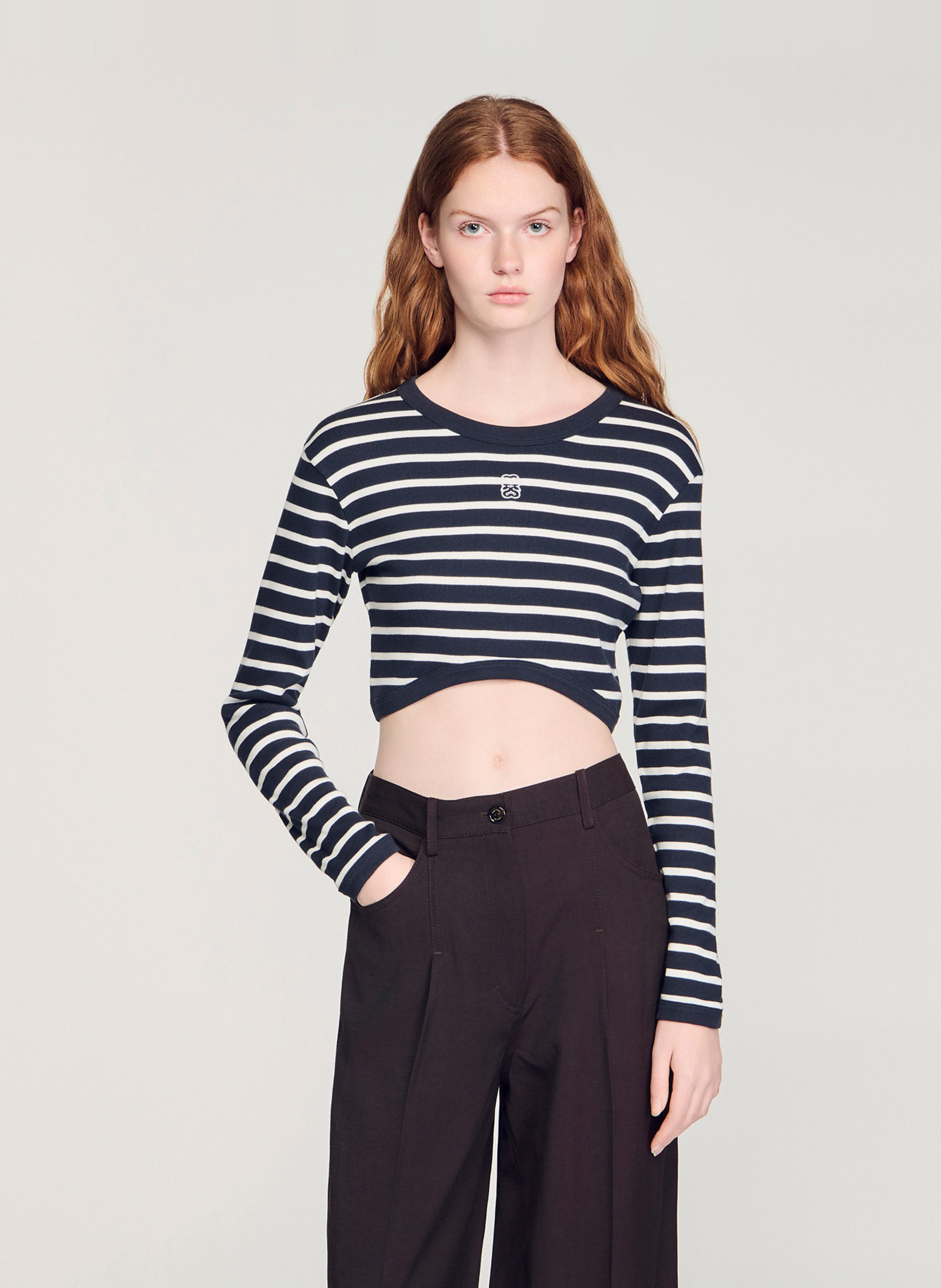 Round-neck straight striped cotton T-shirt SANDRO Blue